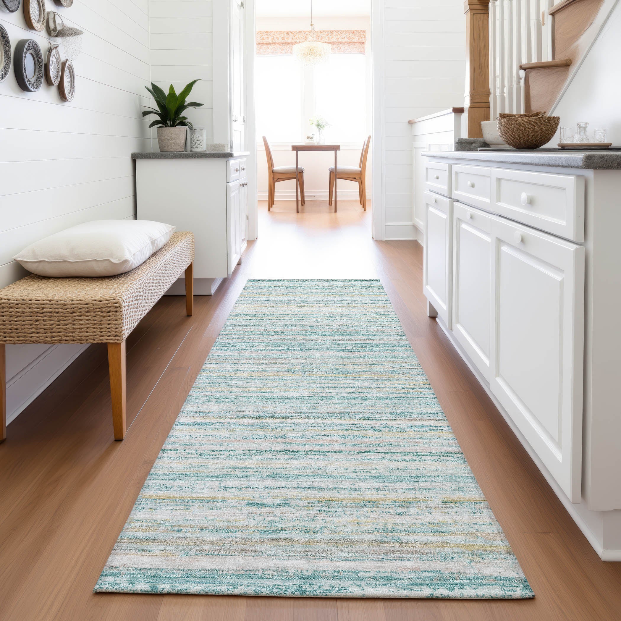 Oslo Machine Washable Transitional Teal Rug 2'3" x 7'6" #shape_Runner