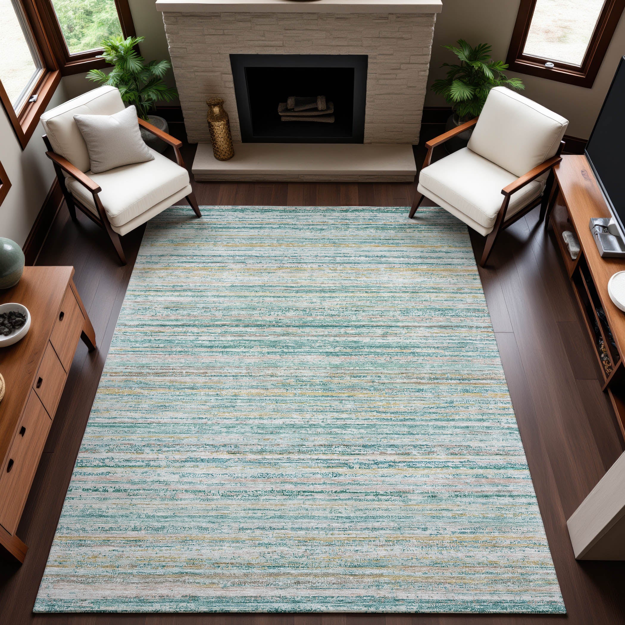 Oslo Machine Washable Transitional Teal Rug 2'6" x 3'10" #shape_Rectangle