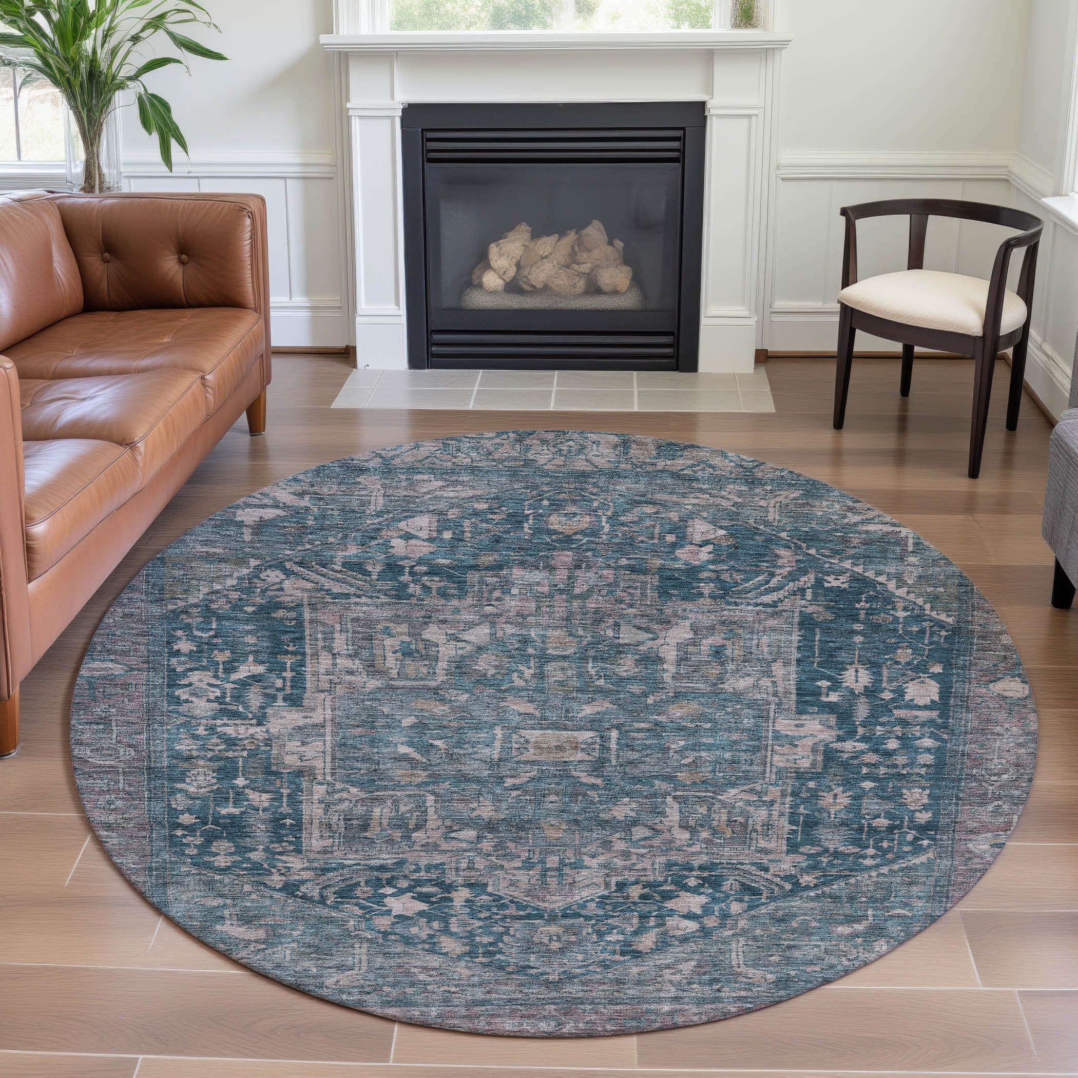 Reykjavik Machine Washable Traditional Blue Rug 8' x 8' #shape_Round