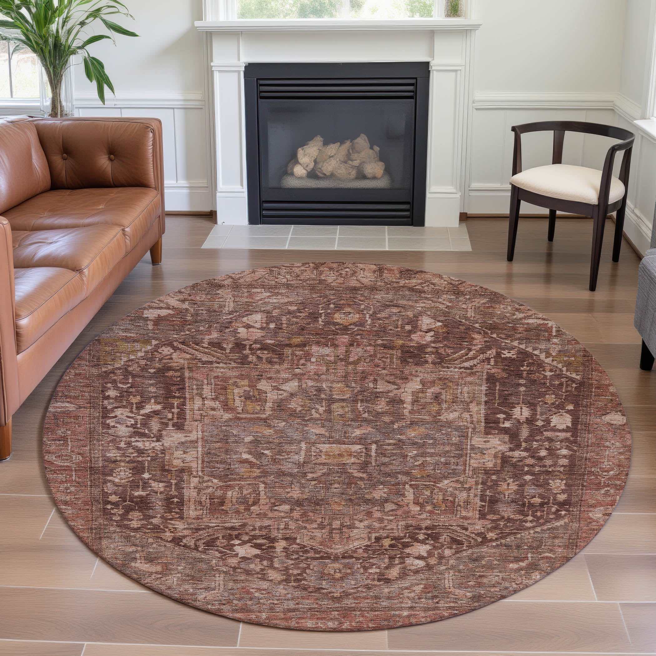 Reykjavik Machine Washable Traditional Burgundy Red Rug 8' x 8' #shape_Round