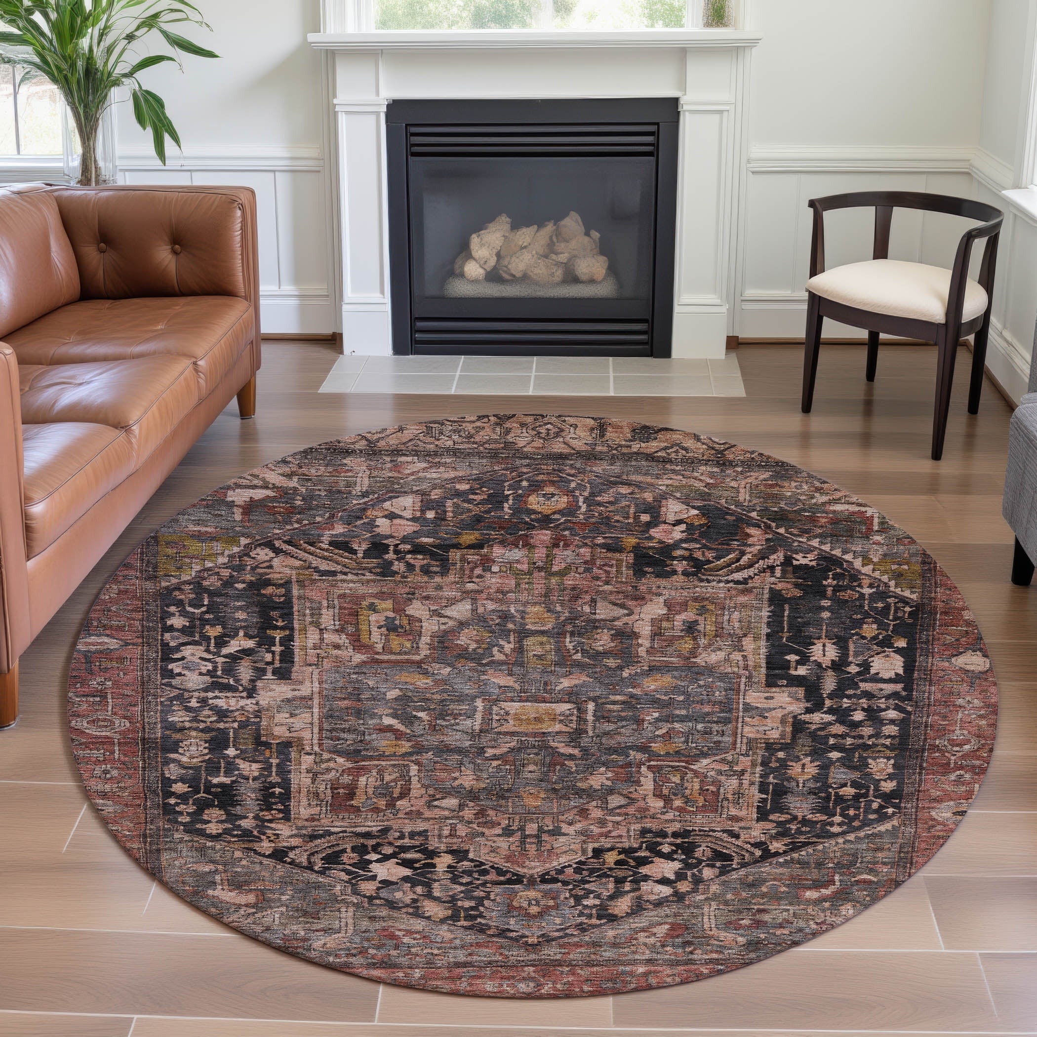 Reykjavik Machine Washable Traditional Charcoal Gray Rug 8' x 8' #shape_Round