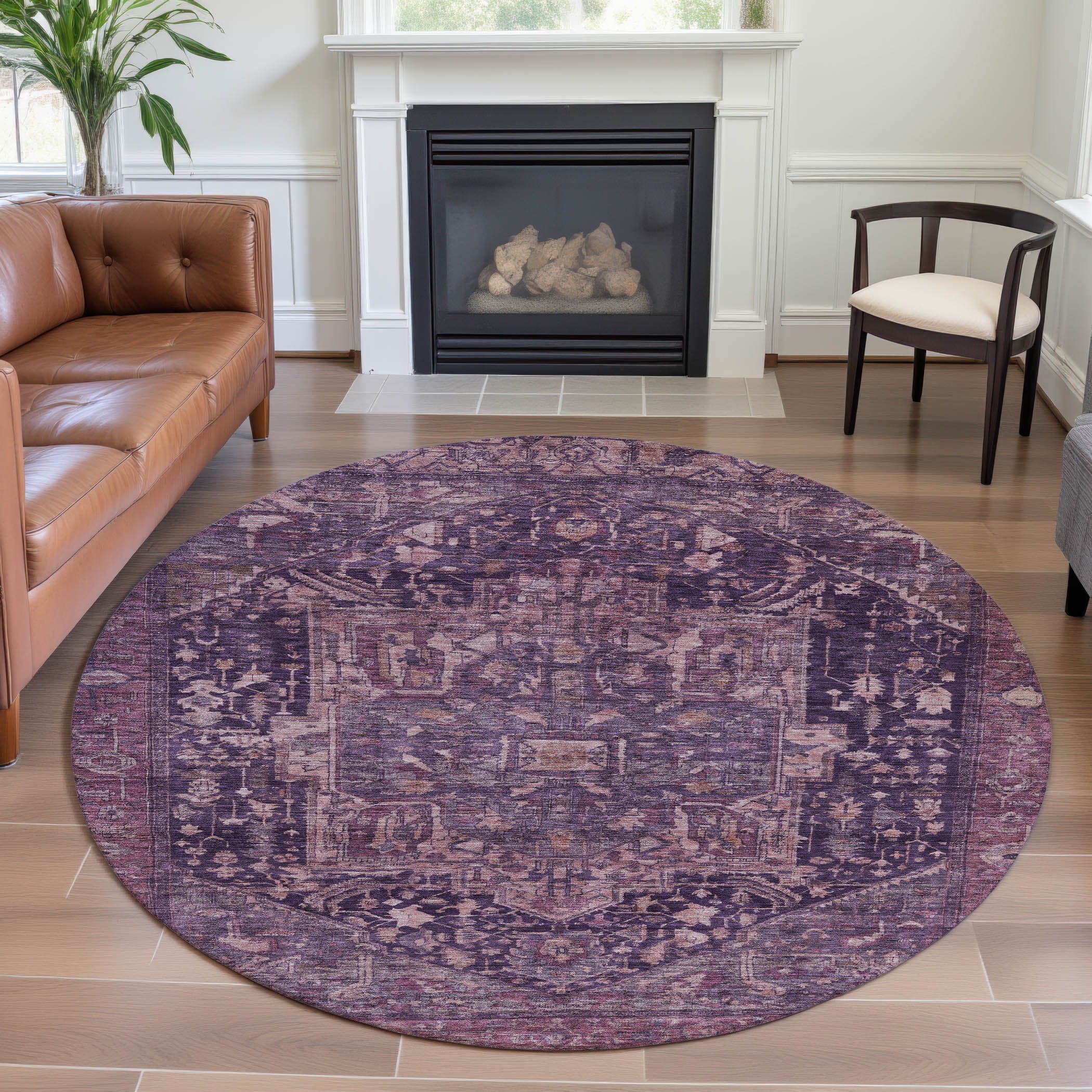 Reykjavik Machine Washable Traditional Eggplant Purple Rug 8' x 8' #shape_Round