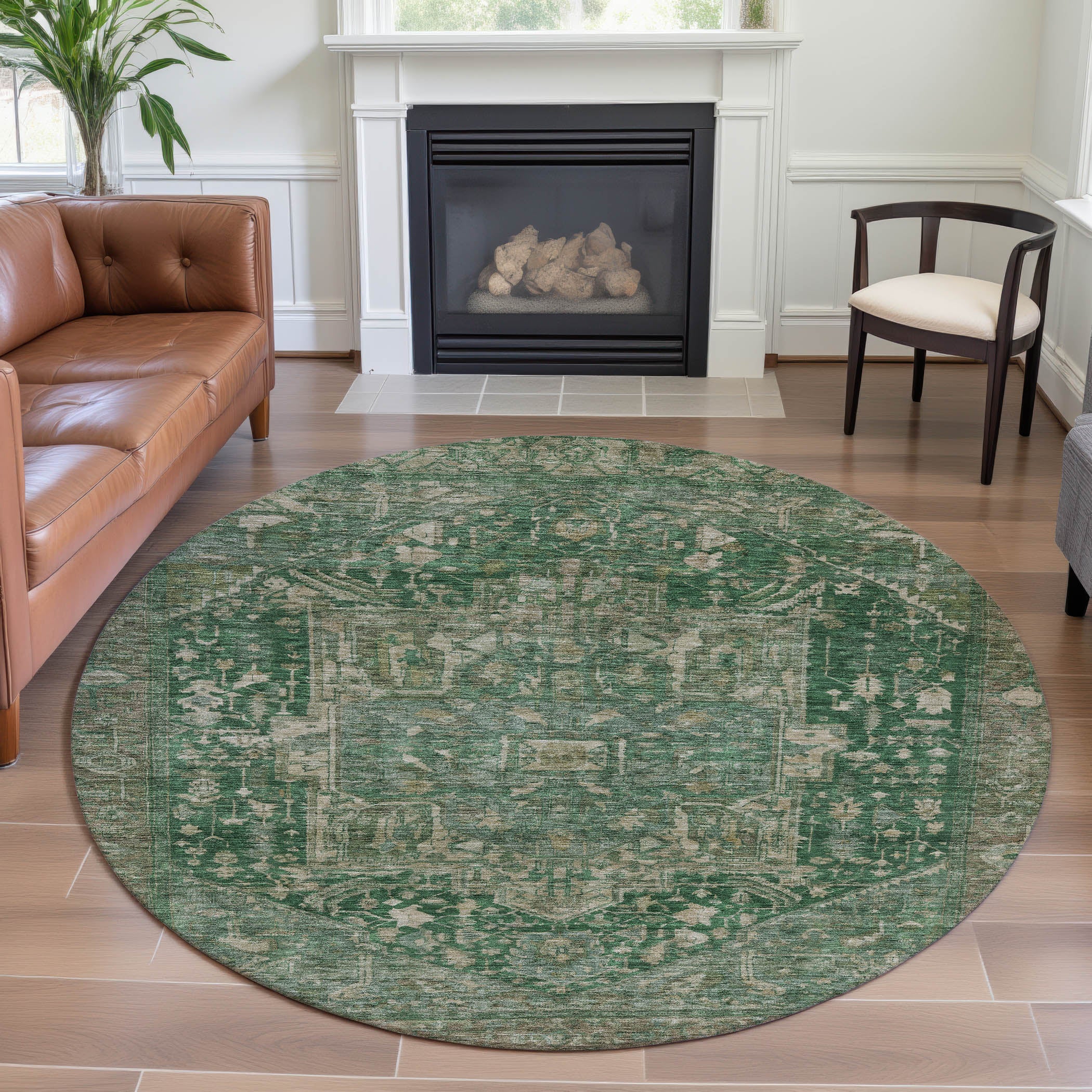 Reykjavik Machine Washable Traditional Emerald Green Rug 8' x 8' #shape_Round