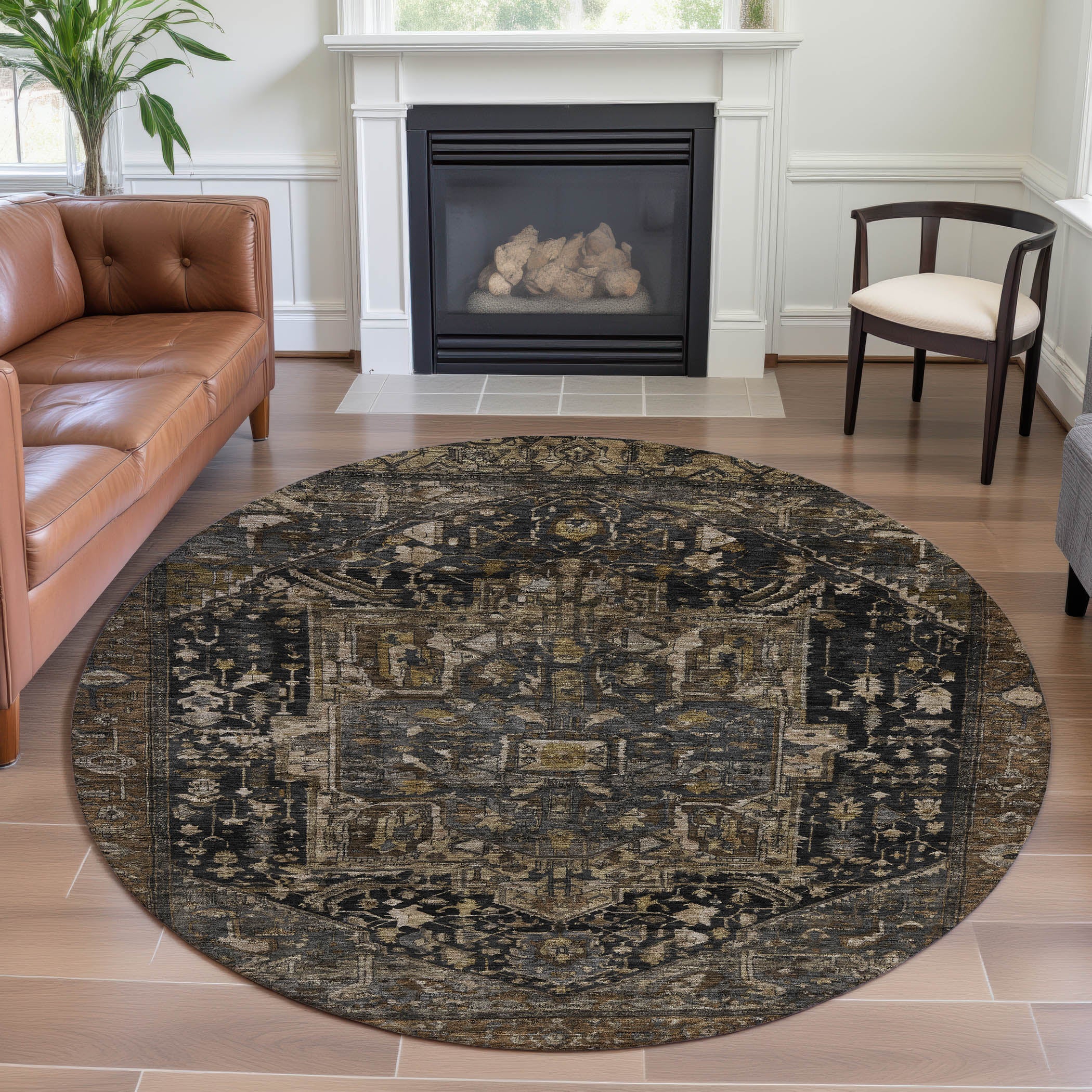 Reykjavik Machine Washable Traditional Fudge Brown Rug 8' x 8' #shape_Round