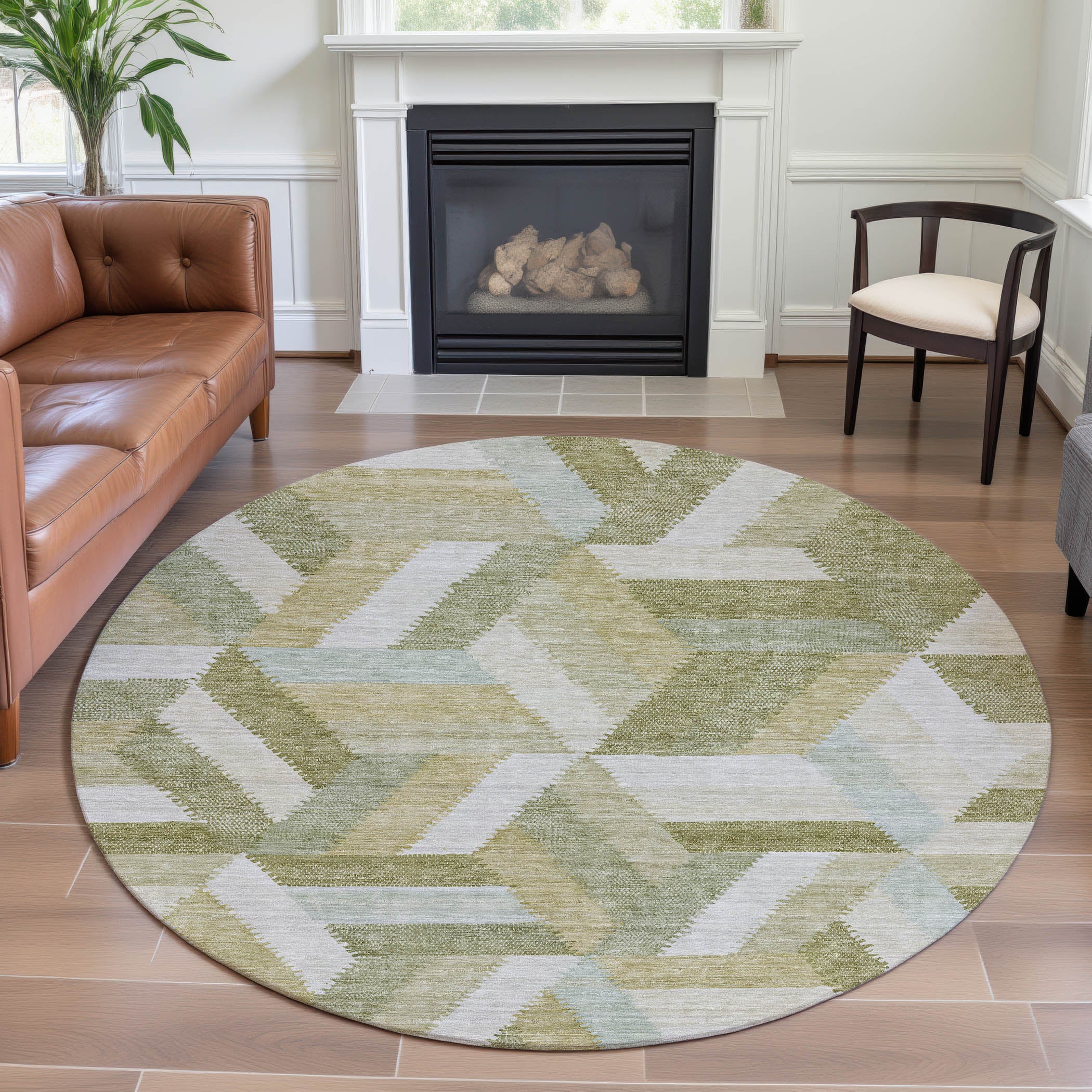 Seville Machine Washable Transitional Aloe Green Rug 8' x 8' #shape_Round