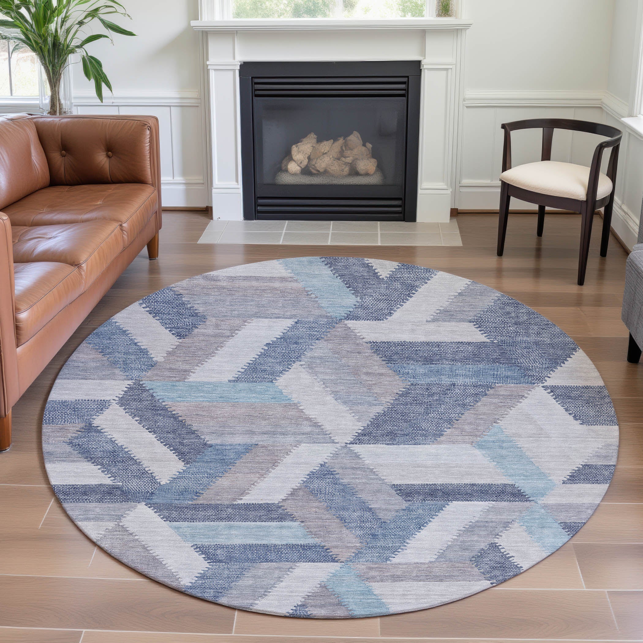 Seville Machine Washable Transitional Denim Blue Rug 8' x 8' #shape_Round
