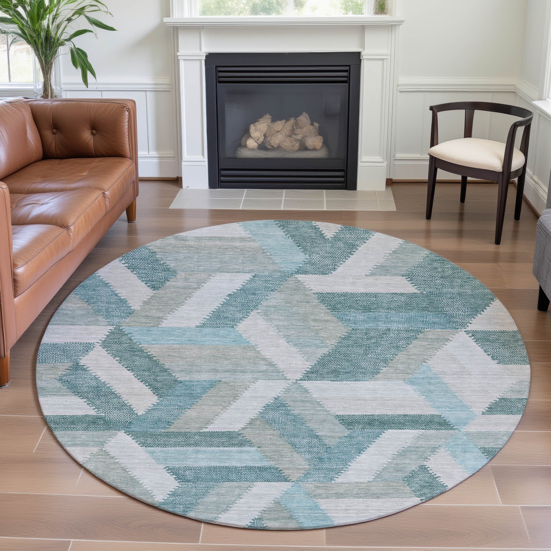 Seville Machine Washable Transitional Teal Rug 8' x 8' #shape_Round
