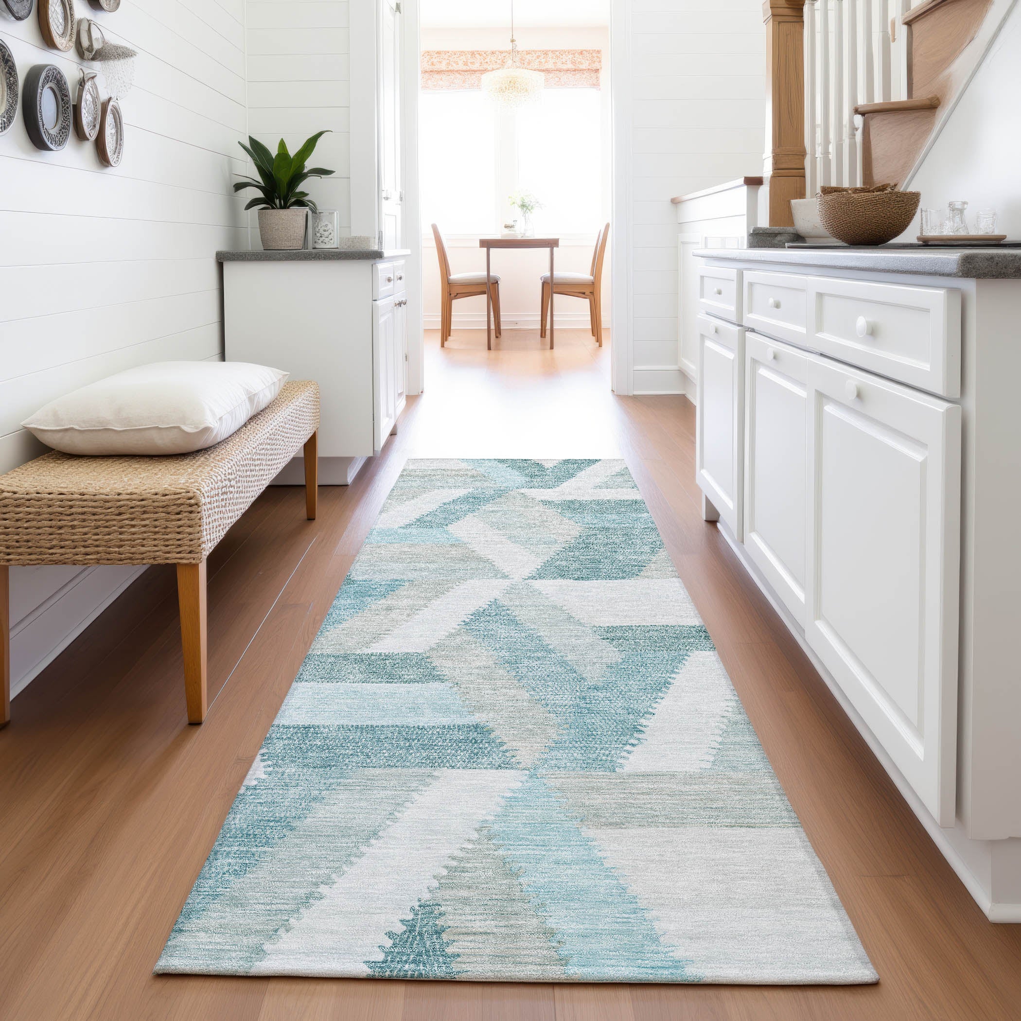 Seville Machine Washable Transitional Teal Rug 2'3" x 7'6" #shape_Runner