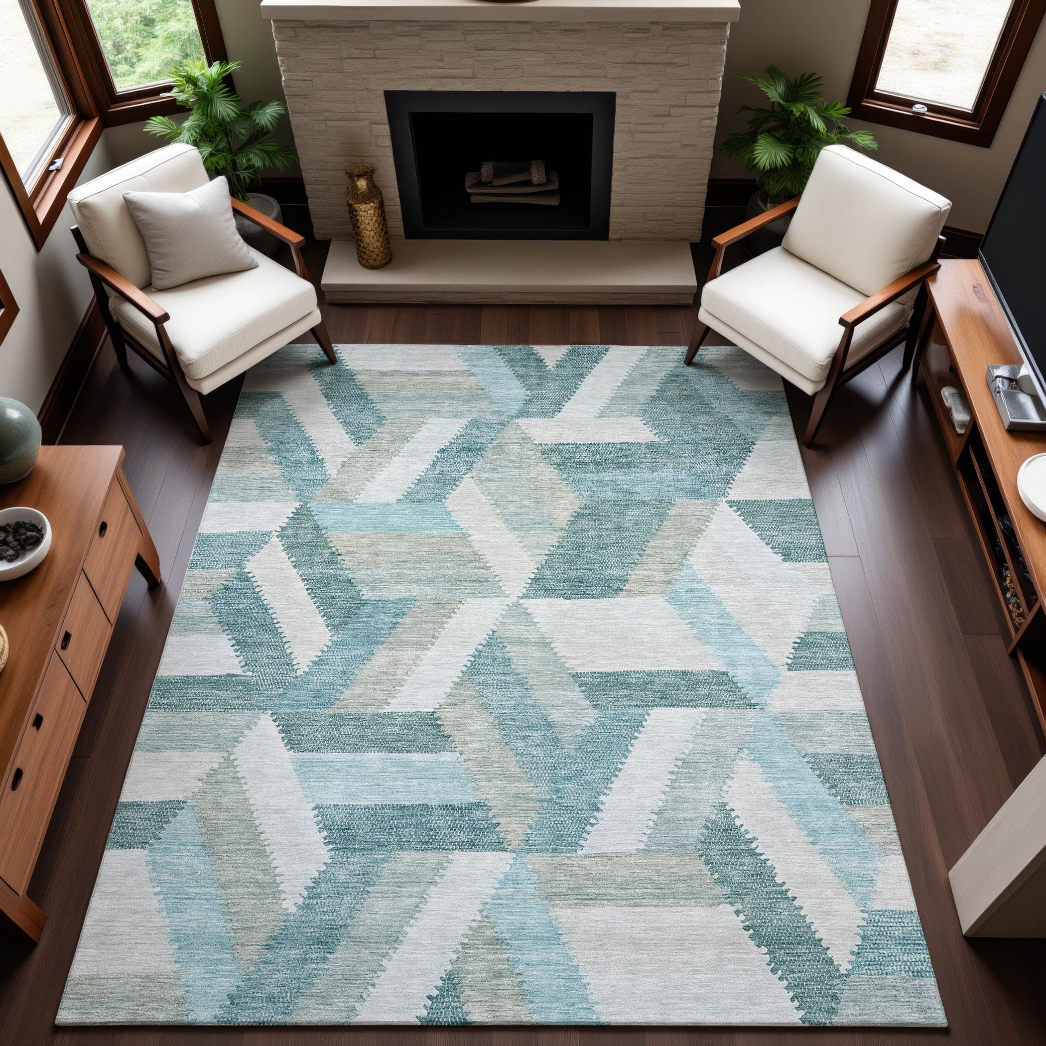 Seville Machine Washable Transitional Teal Rug 2'6" x 3'10" #shape_Rectangle