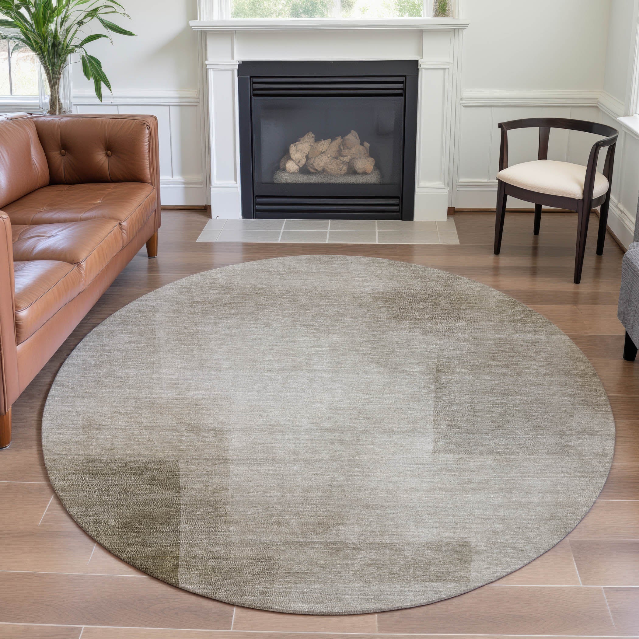 Tbilisi Machine Washable Transitional Khaki Brown Rug 8' x 8' #shape_Round