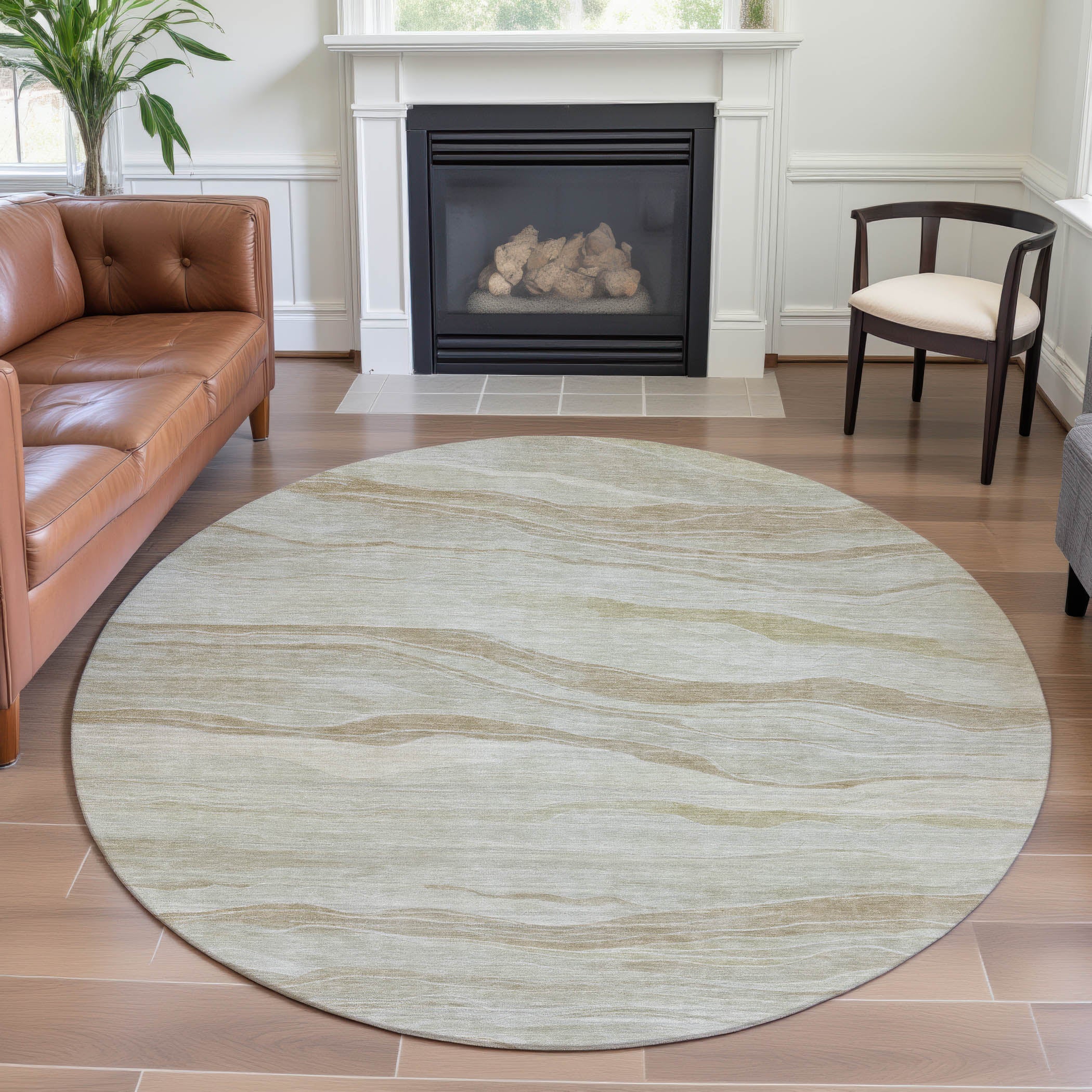 Antigua Machine Washable Transitional Beige Brown Rug 8' x 8' #shape_Round