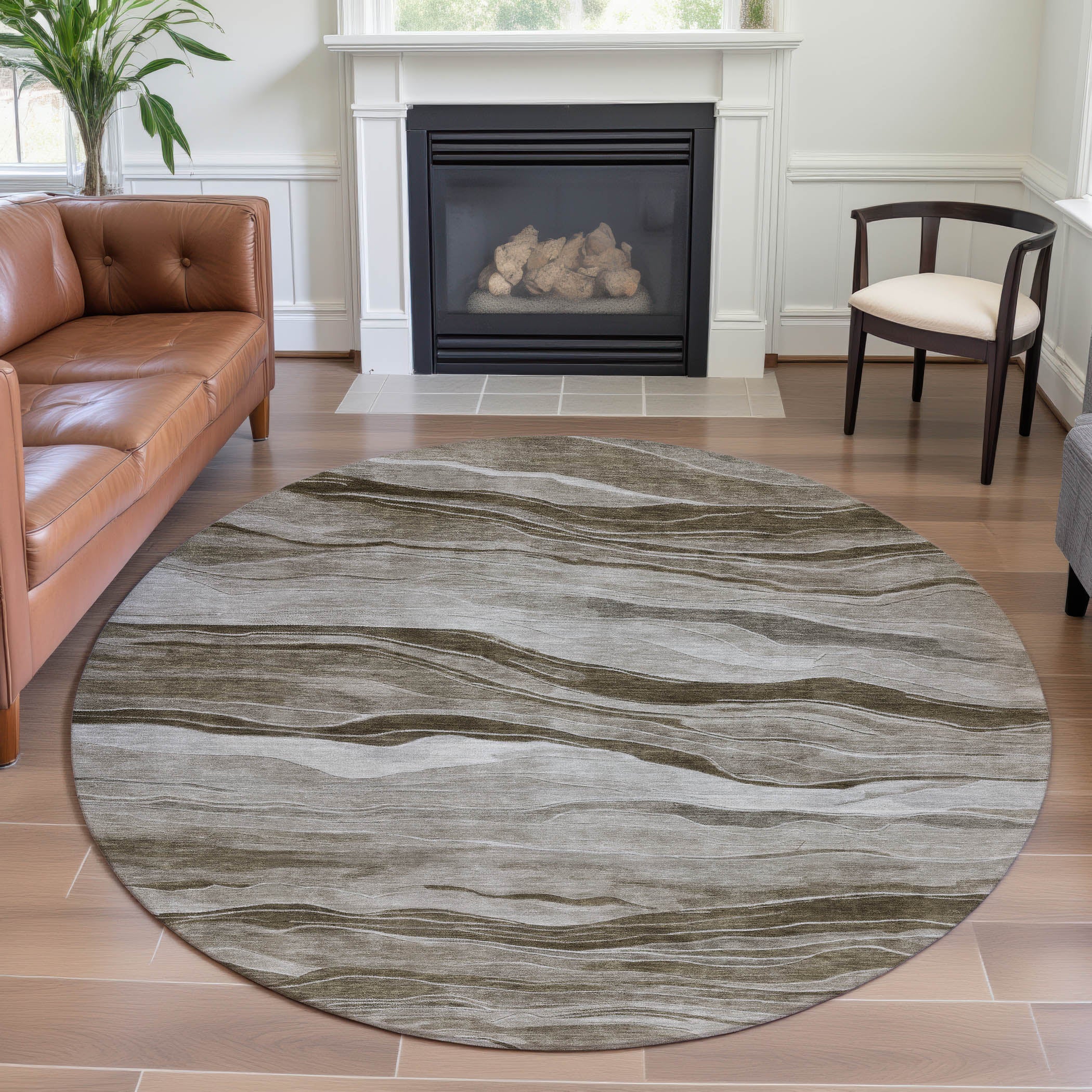 Antigua Machine Washable Transitional Brown Rug 8' x 8' #shape_Round