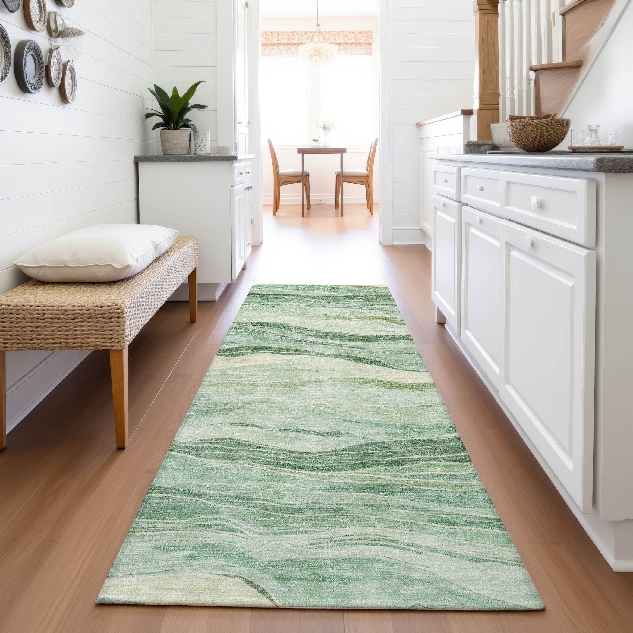 Antigua Machine Washable Transitional Green Rug 2'3" x 7'6" #shape_Runner