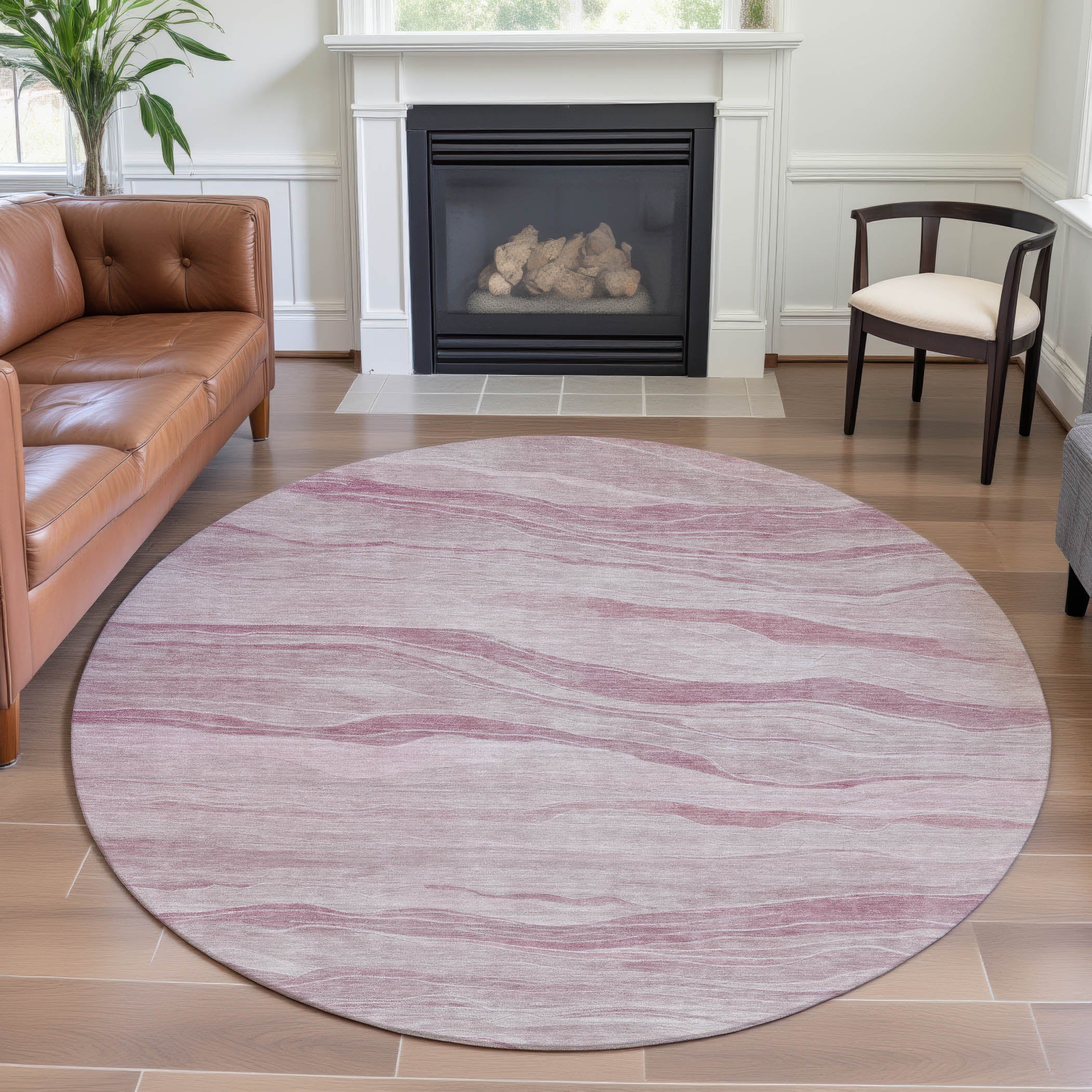 Antigua Machine Washable Transitional Pink Rug 8' x 8' #shape_Round
