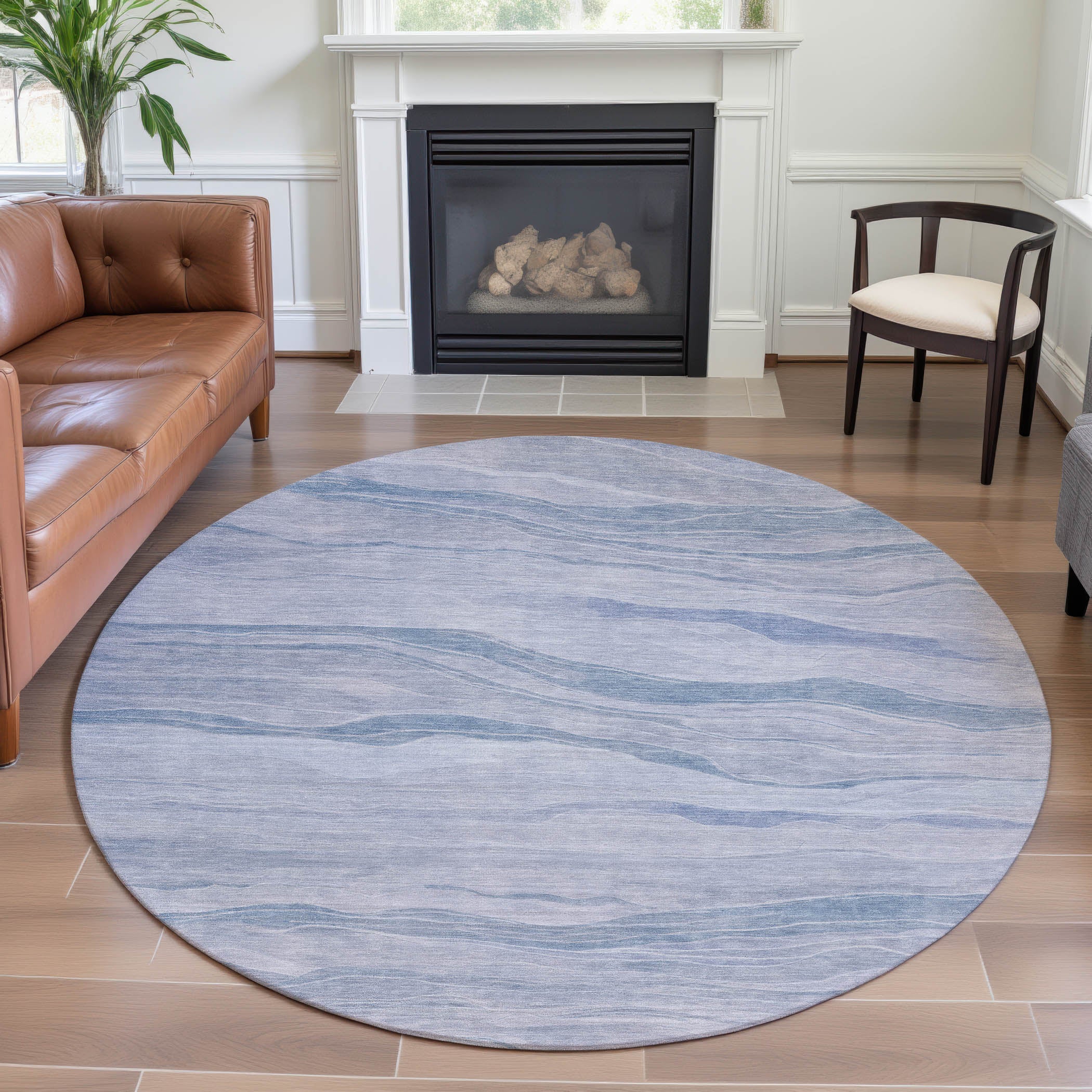 Antigua Machine Washable Transitional Sky Blue Rug 8' x 8' #shape_Round