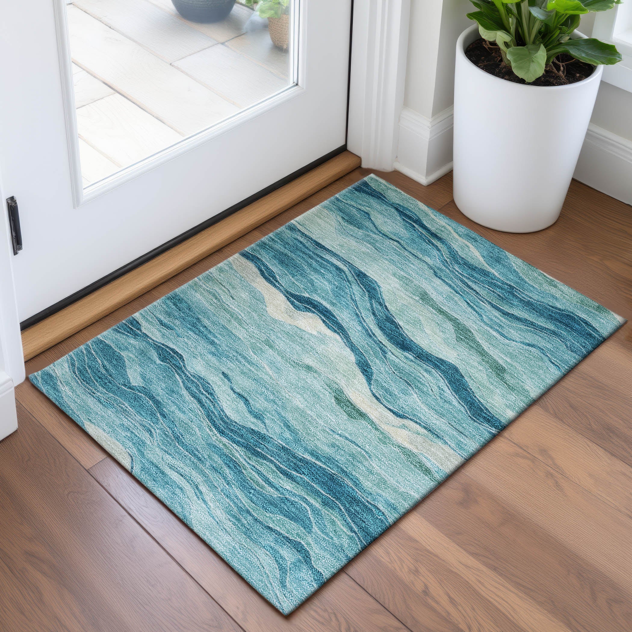 Antigua Machine Washable Transitional Turquoise Teal Rug 1'8" x 2'6" #shape_Rectangle