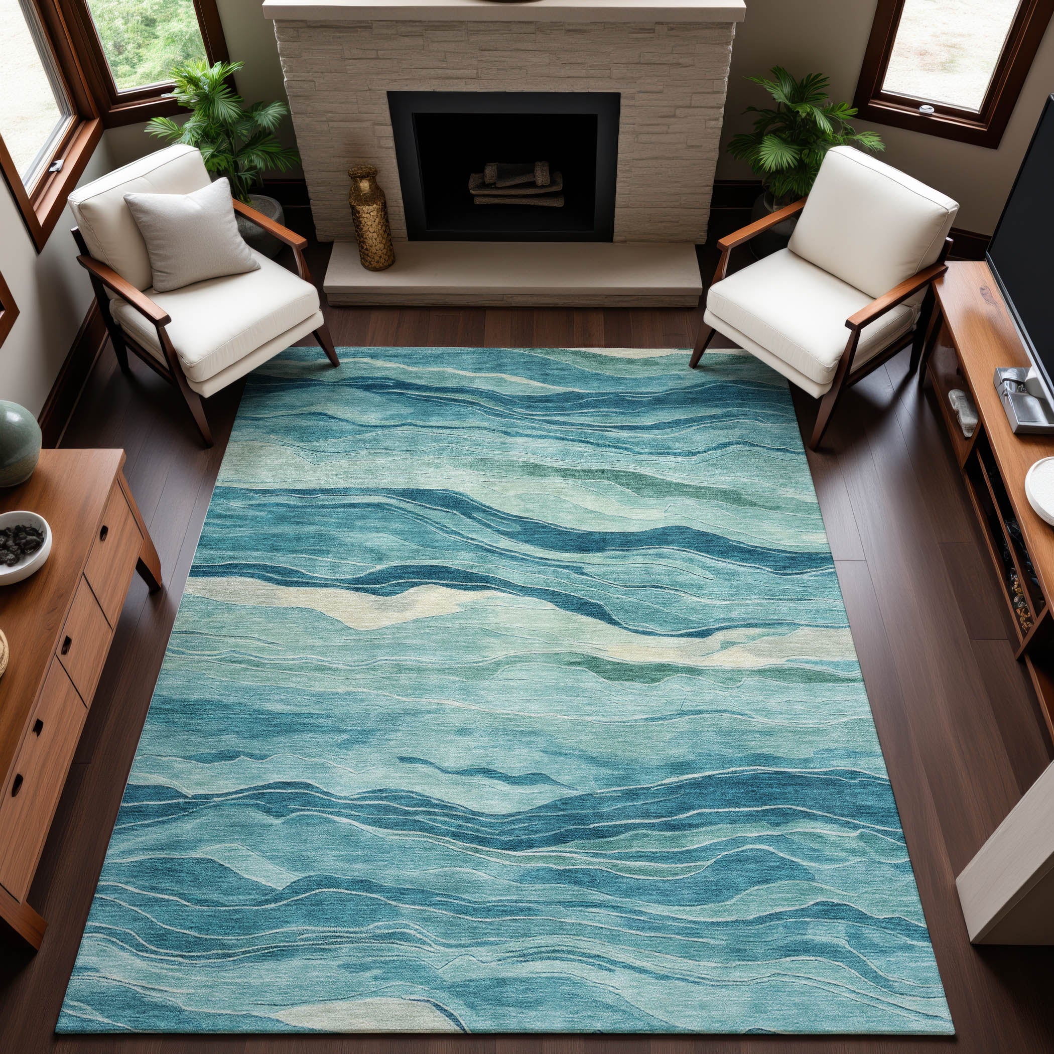 Antigua Machine Washable Transitional Turquoise Teal Rug 2'6" x 3'10" #shape_Rectangle