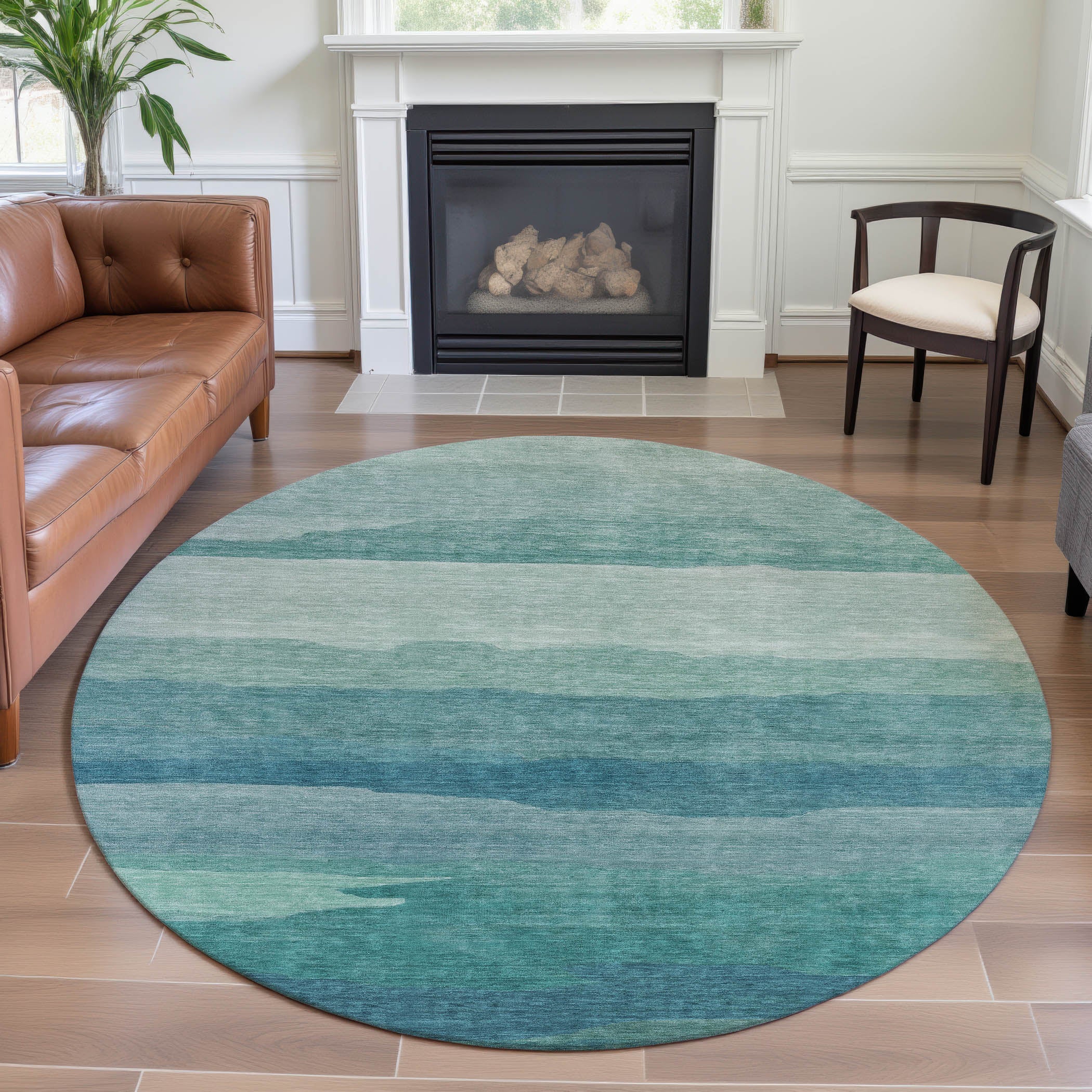 Bern Machine Washable Transitional Turquoise Teal Rug 8' x 8' #shape_Round