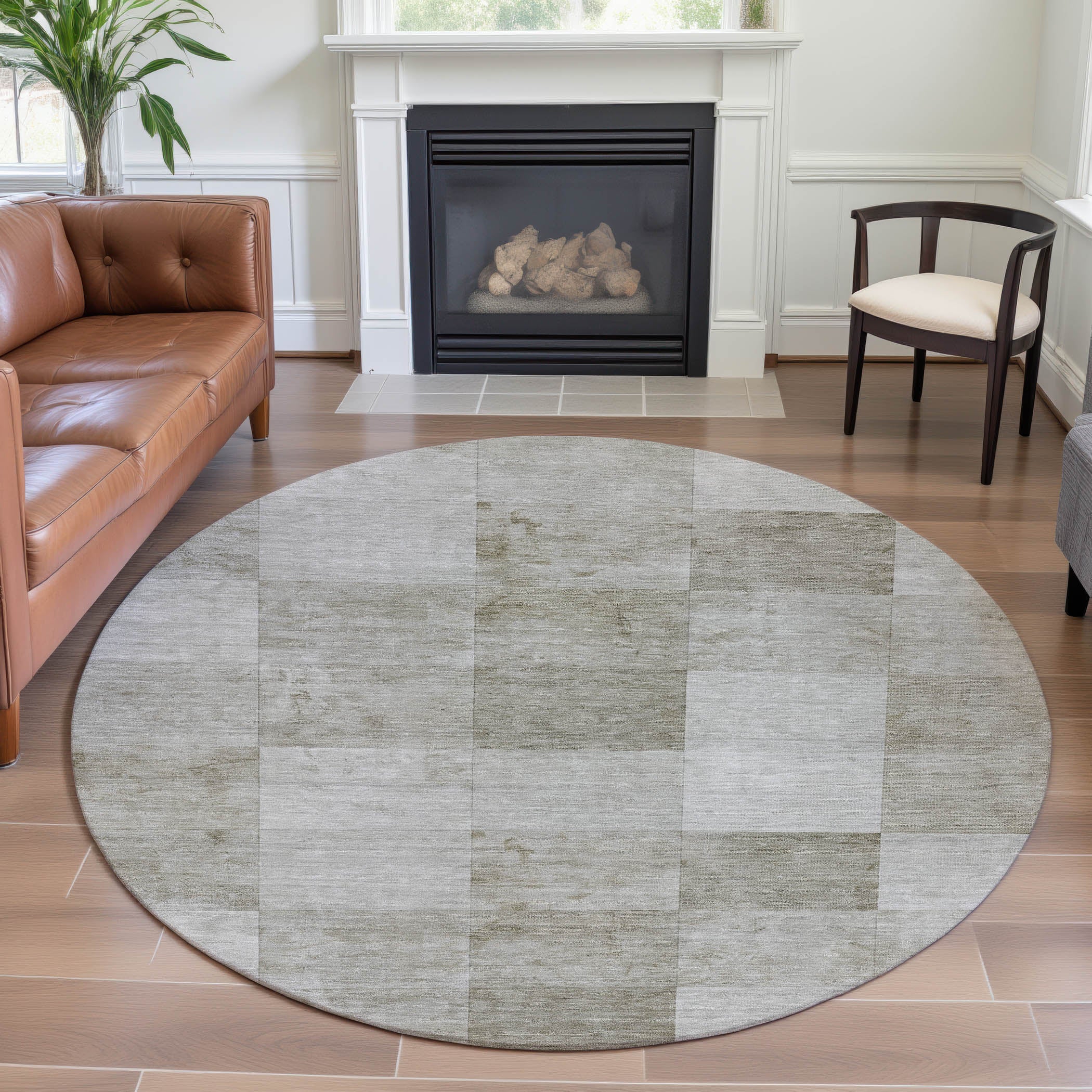 Siena Machine Washable Transitional Beige Brown Rug 8' x 8' #shape_Round