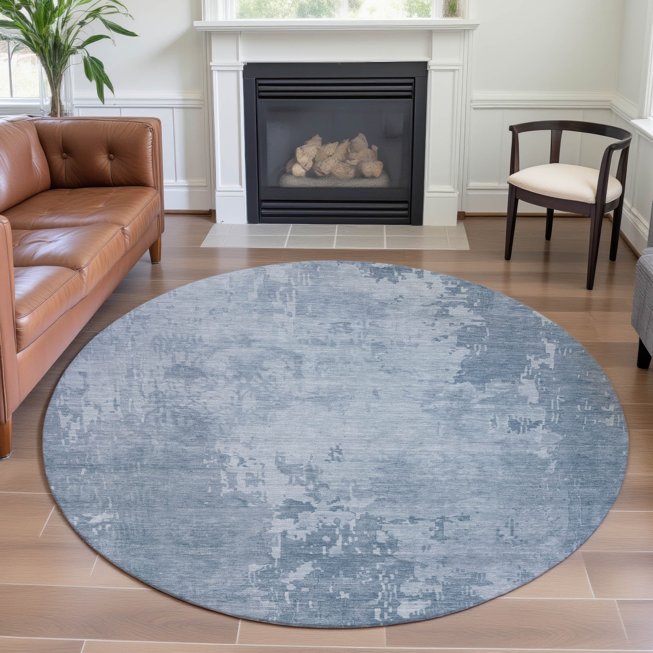 Salzburg Machine Washable Transitional Sky Blue Rug 8' x 8' #shape_Round