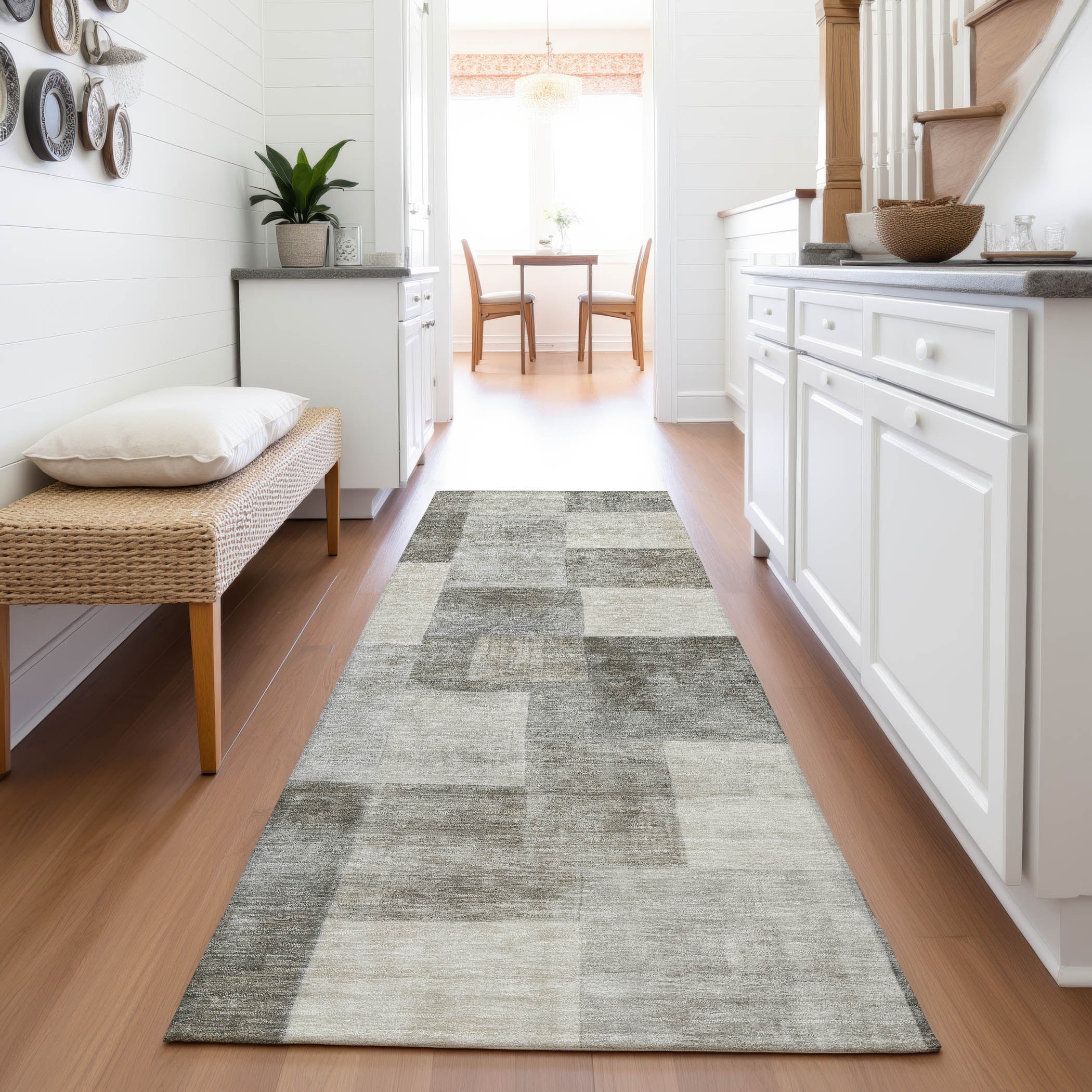 Kyoto Machine Washable Transitional Taupe Brown Rug 2'3" x 7'6" #shape_Runner