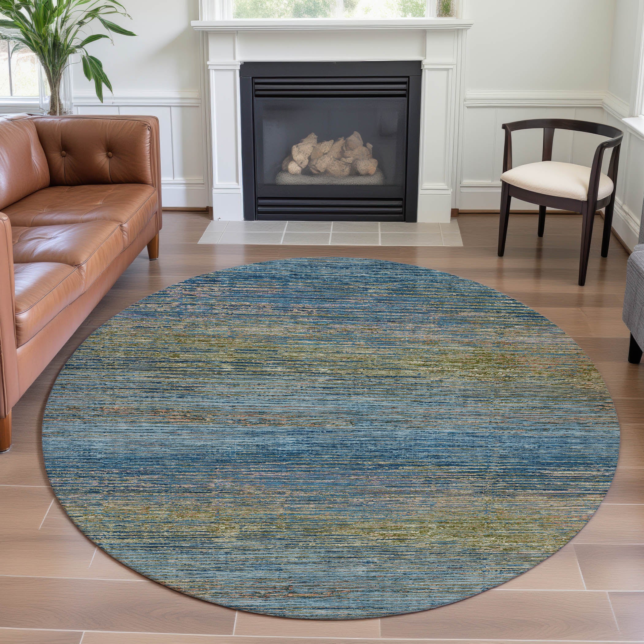 Dublin Machine Washable Transitional Denim Blue Rug 8' x 8' #shape_Round