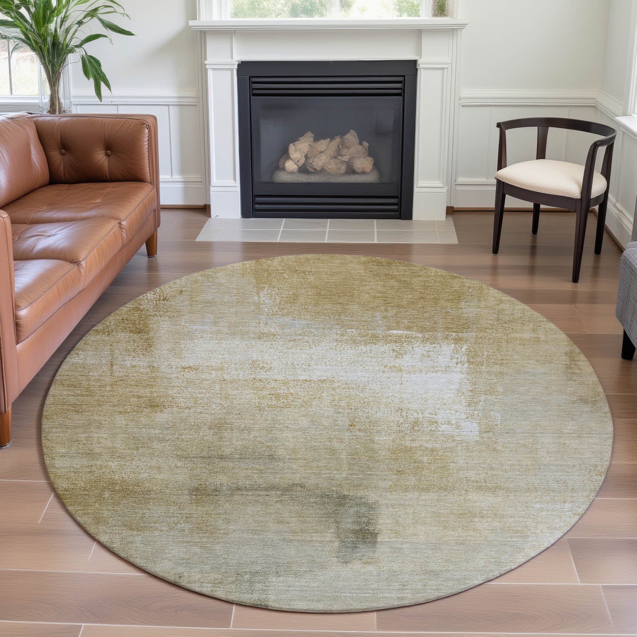 Santorini Machine Washable Transitional Wheat Gold Rug 8' x 8' #shape_Round