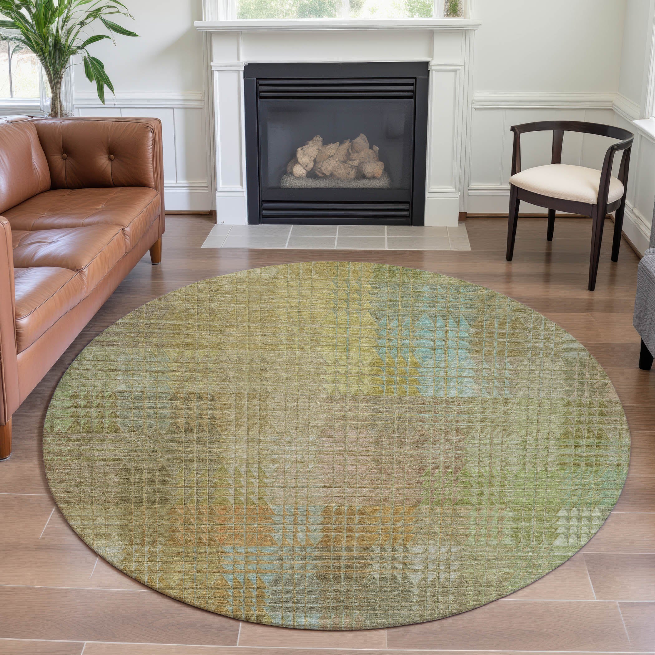 Vienna Machine Washable Transitional Beige Brown Rug 8' x 8' #shape_Round