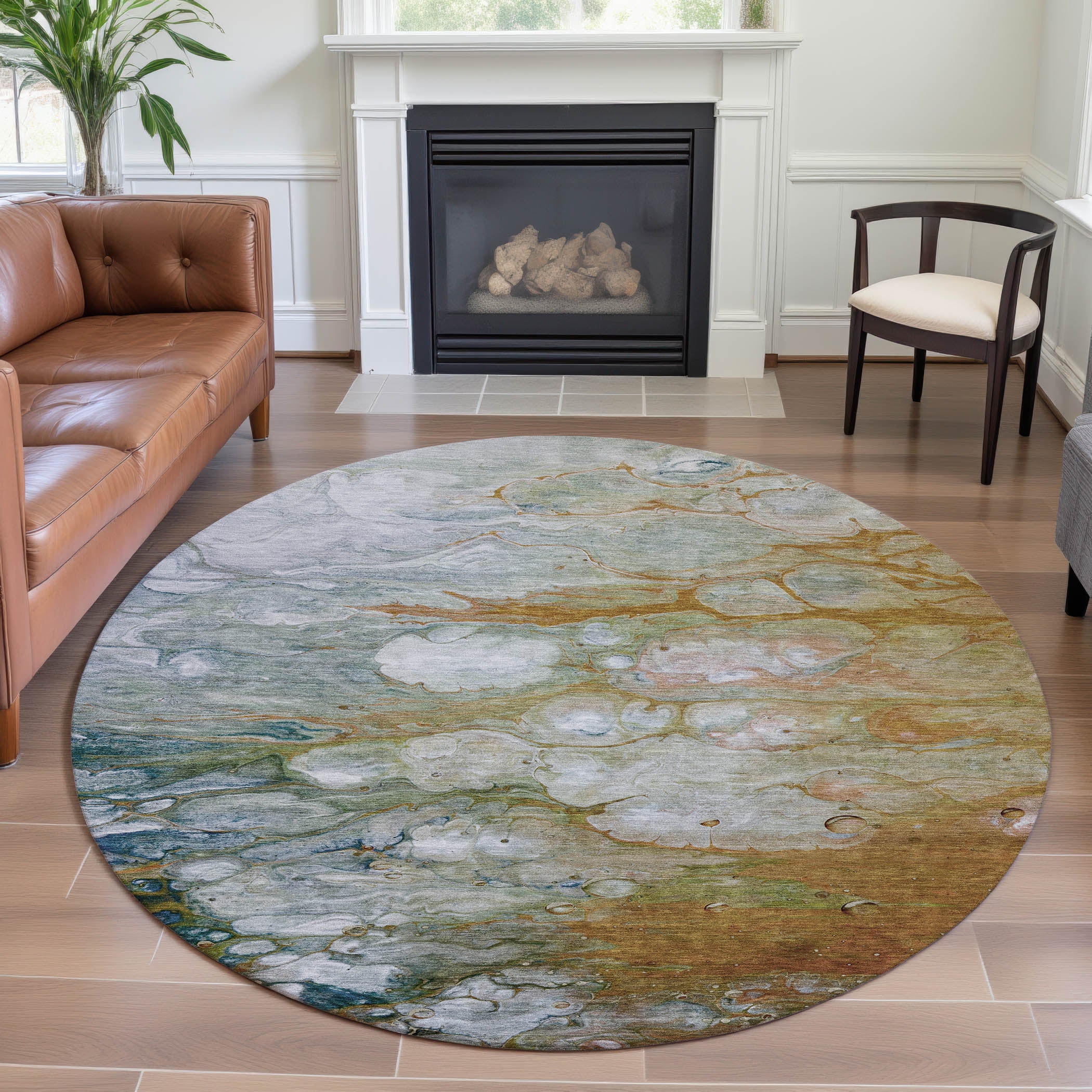 Dublin Machine Washable Transitional Paprika Orange Rug 8' x 8' #shape_Round