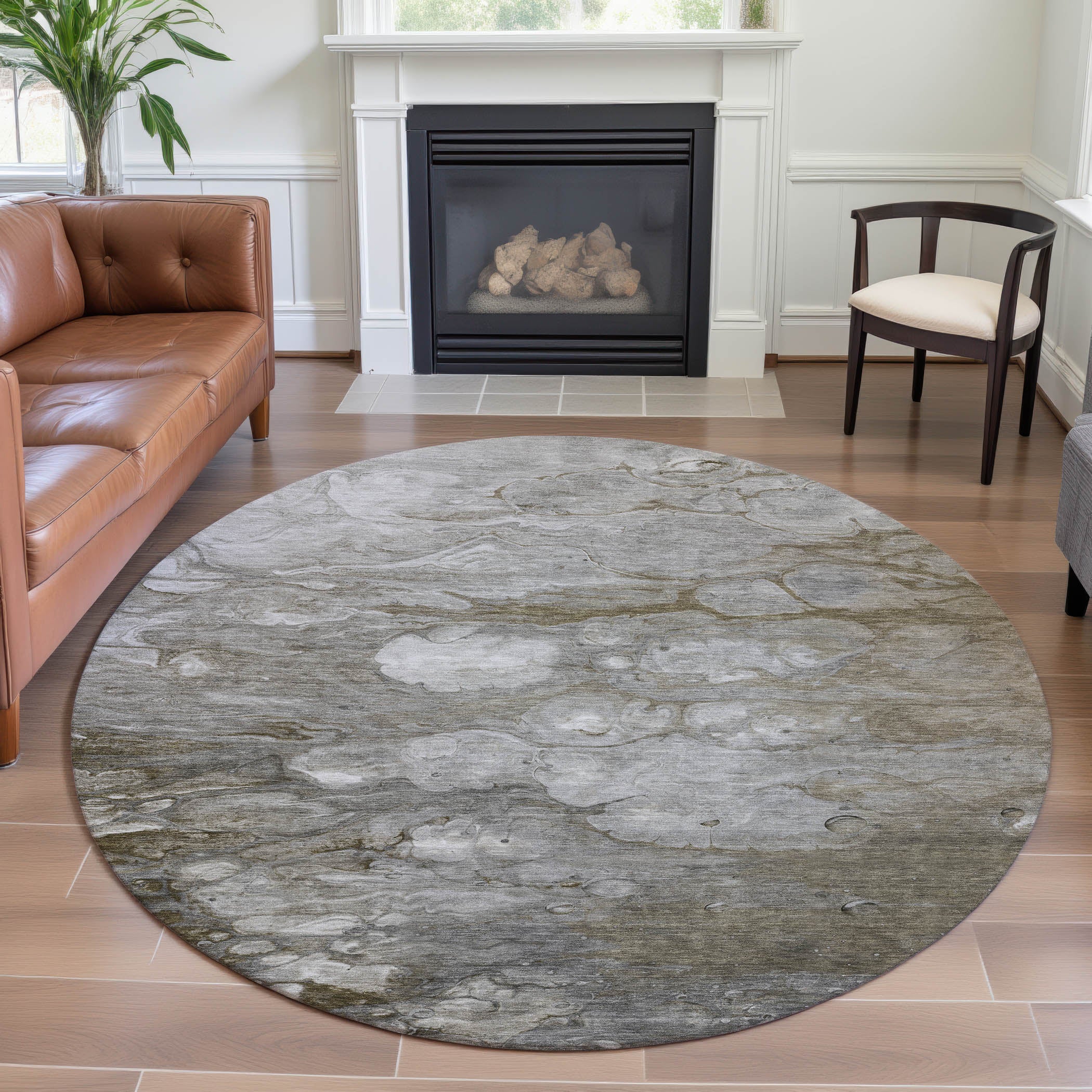 Dublin Machine Washable Transitional Taupe Brown Rug 8' x 8' #shape_Round