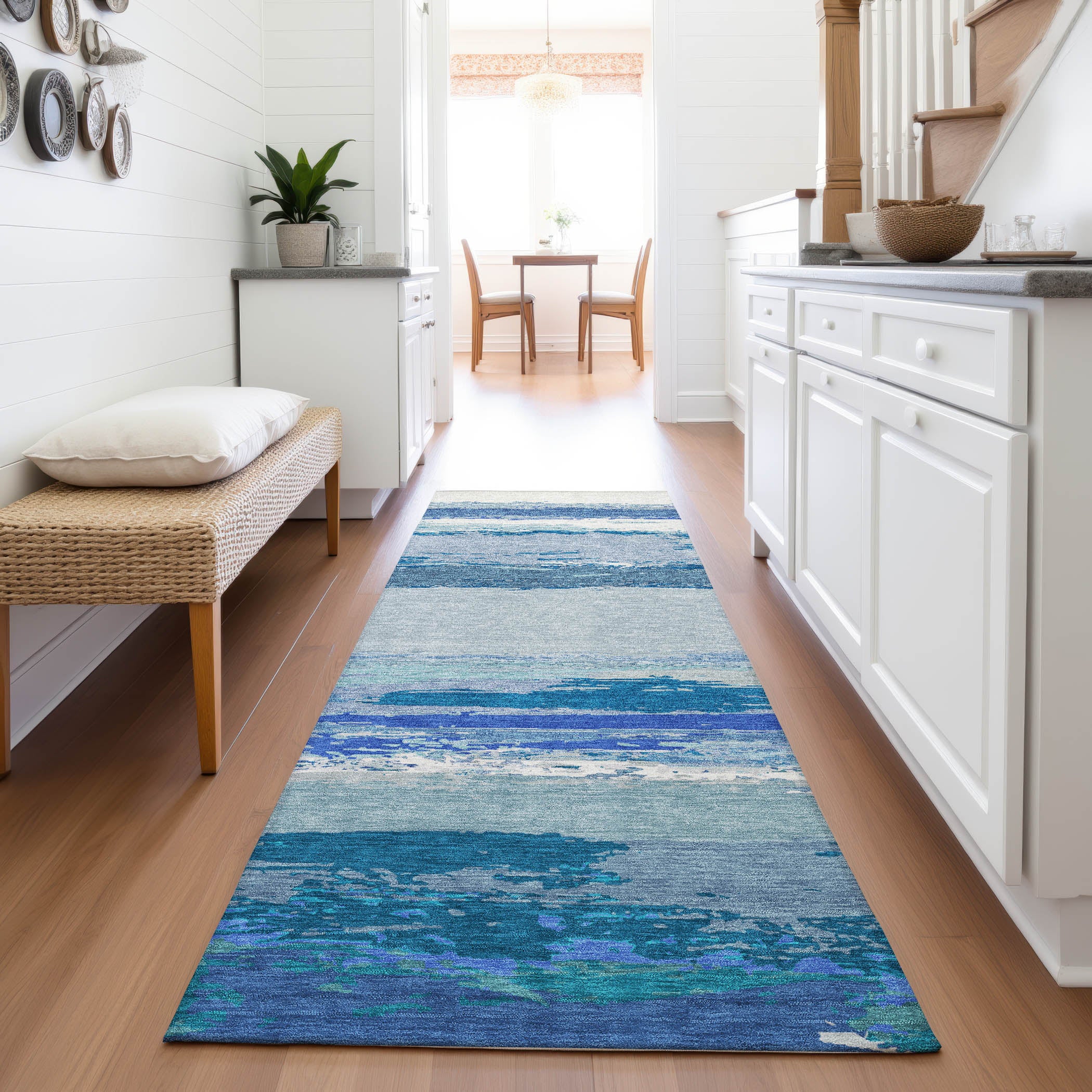Montevideo Machine Washable Transitional Blue Rug 2'3" x 7'6" #shape_Runner