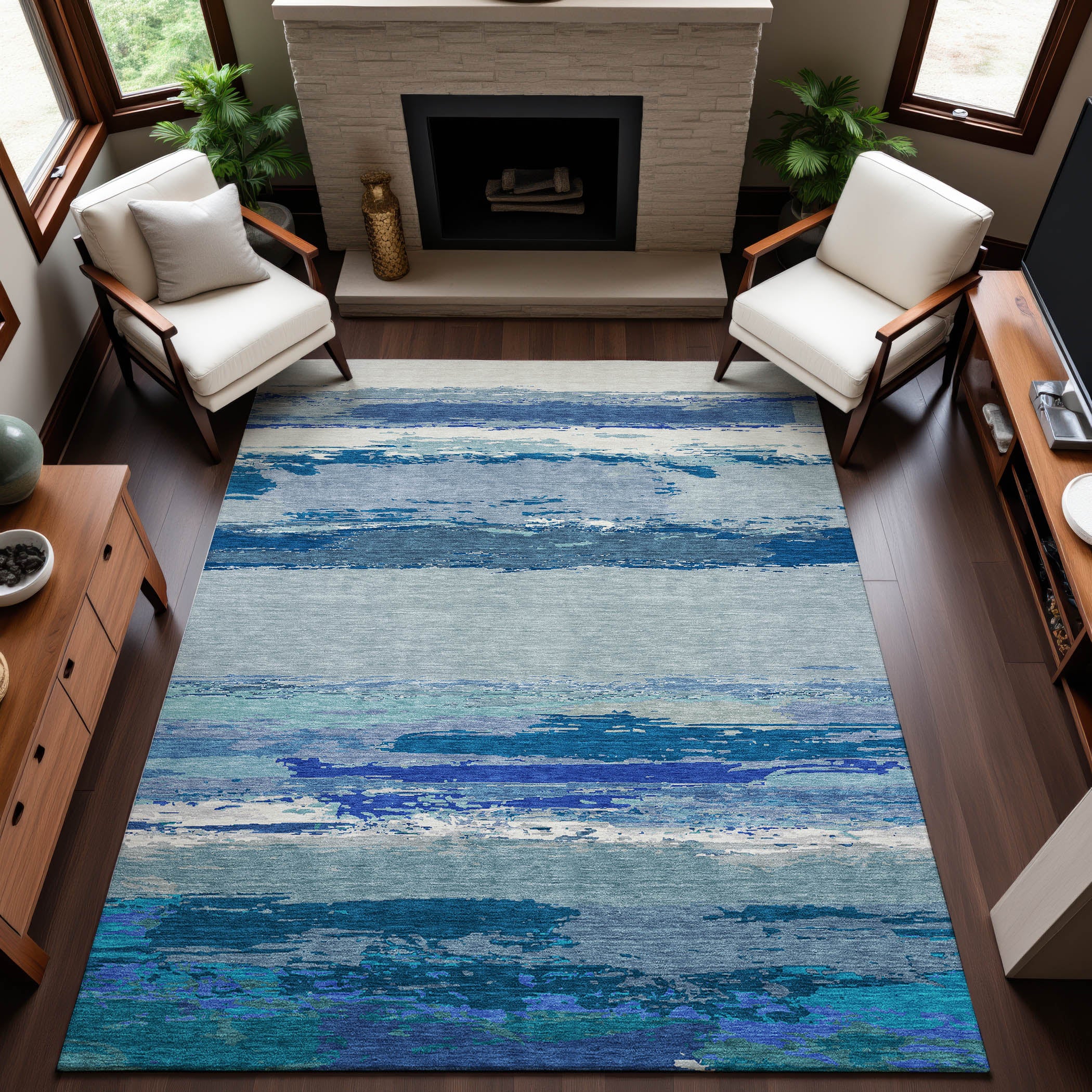 Montevideo Machine Washable Transitional Blue Rug 2'6" x 3'10" #shape_Rectangle