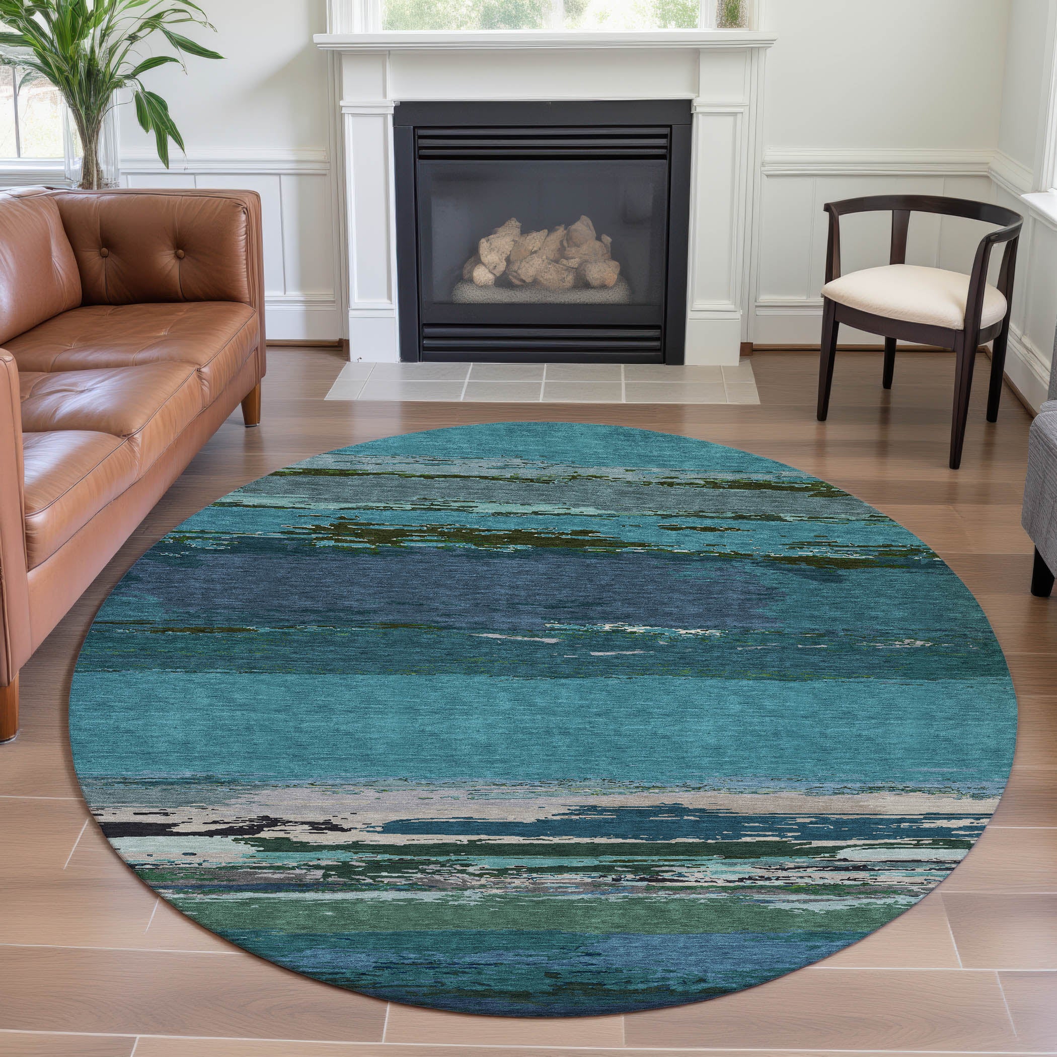 Montevideo Machine Washable Transitional Teal Rug 8' x 8' #shape_Round
