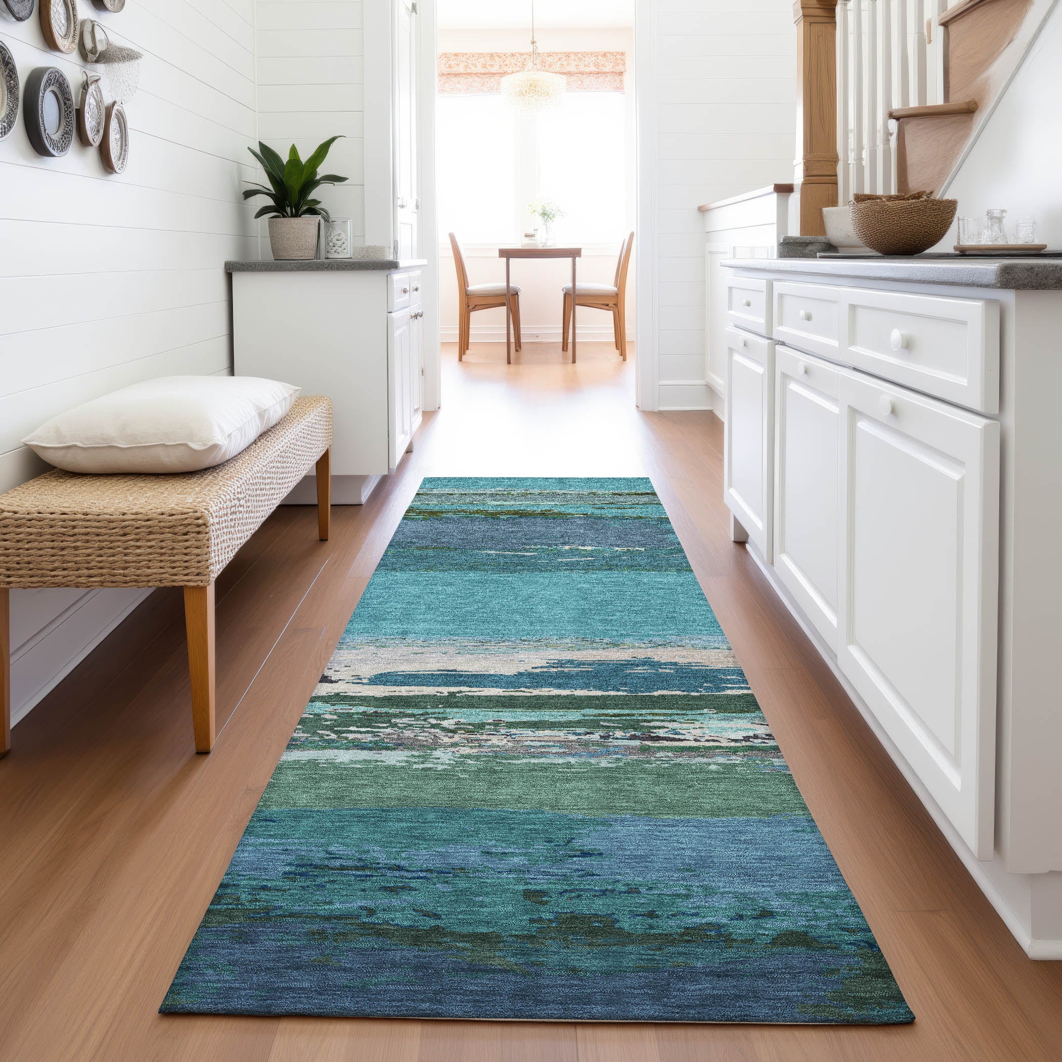 Montevideo Machine Washable Transitional Teal Rug 2'3" x 7'6" #shape_Runner