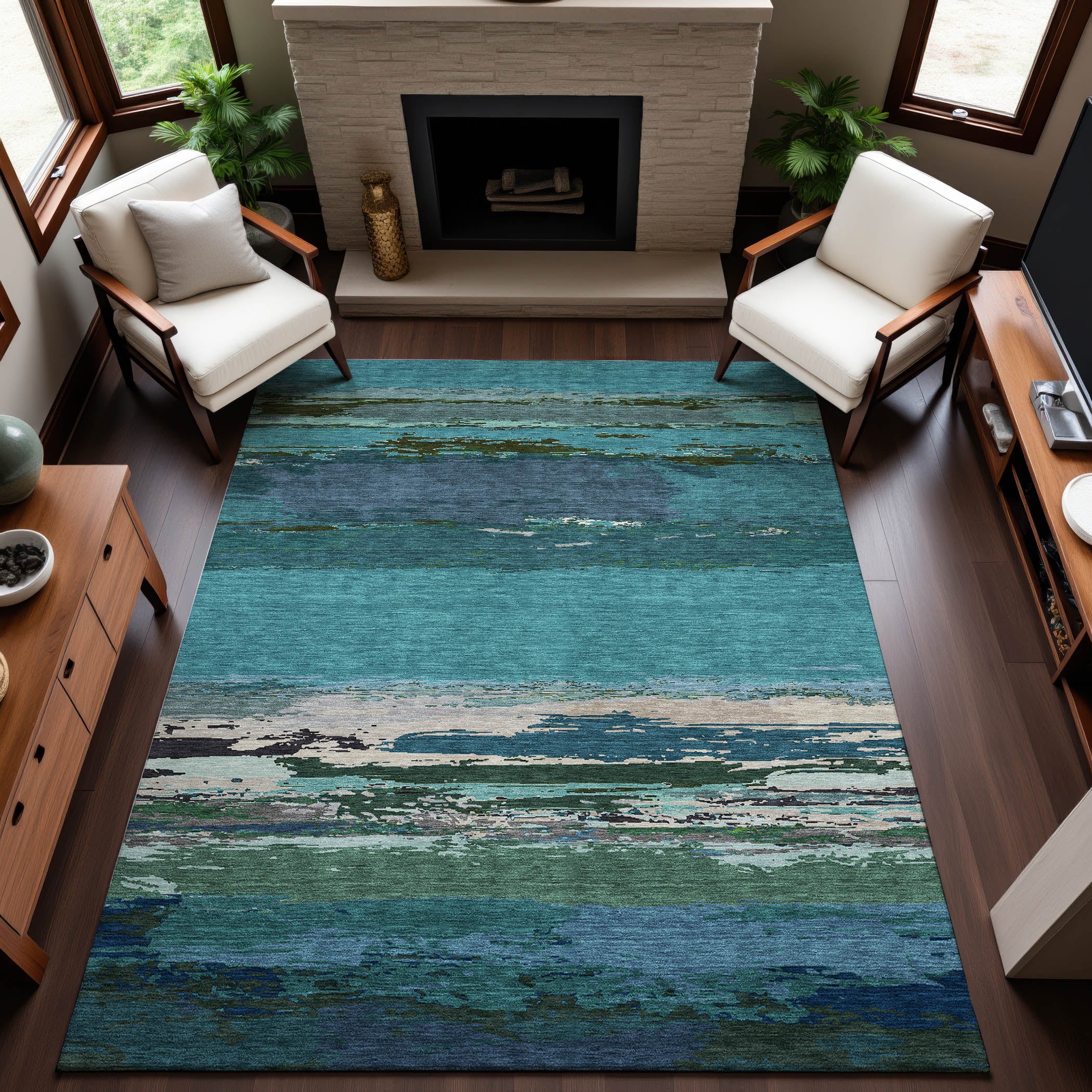 Montevideo Machine Washable Transitional Teal Rug 2'6" x 3'10" #shape_Rectangle