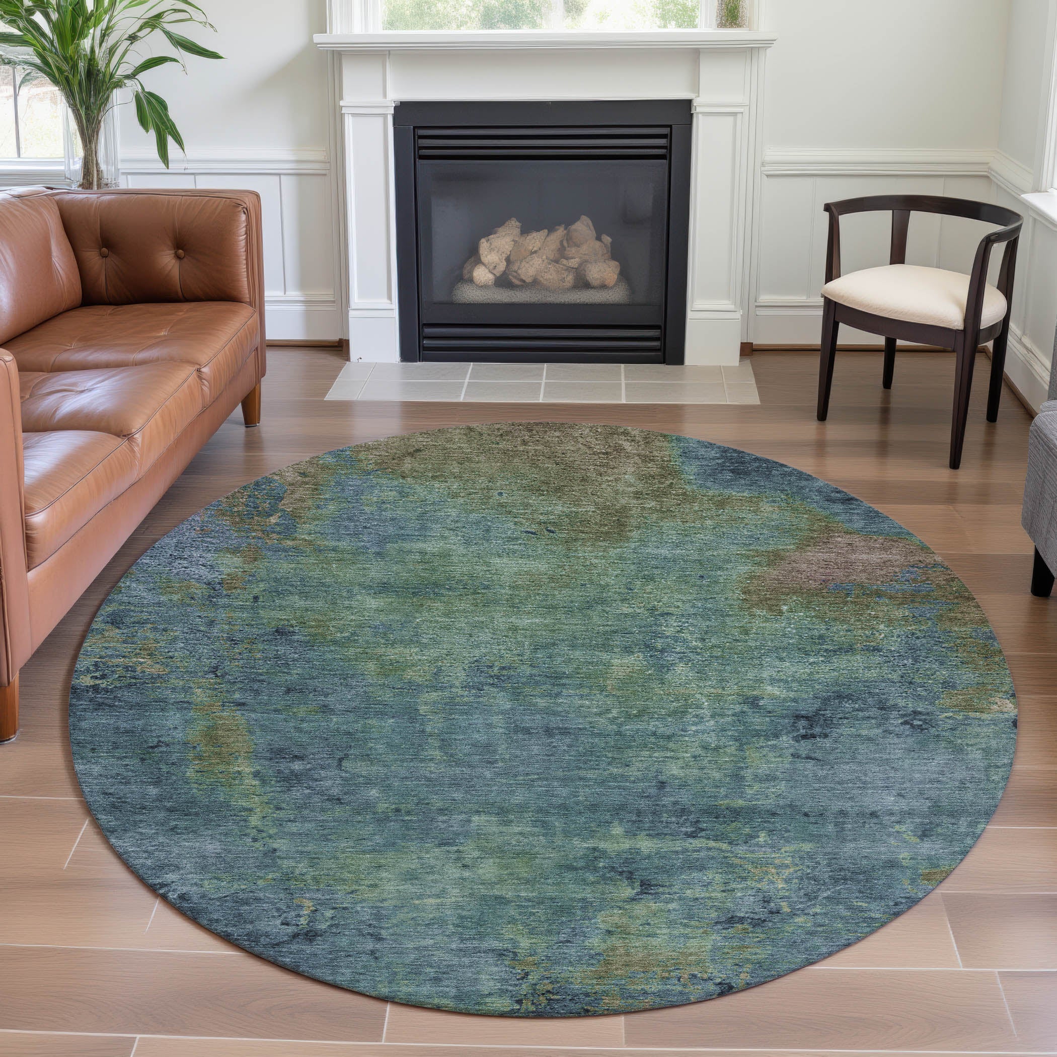 Queenstown Machine Washable Transitional Blue Rug 8' x 8' #shape_Round