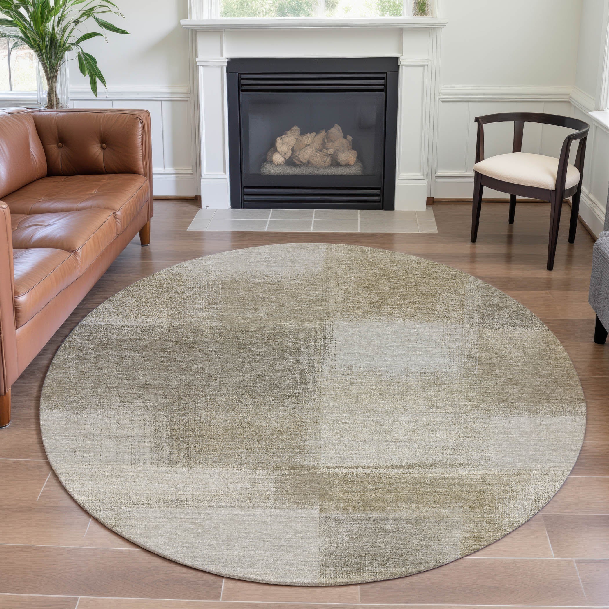 Lisbon Machine Washable Transitional Taupe Brown Rug 8' x 8' #shape_Round