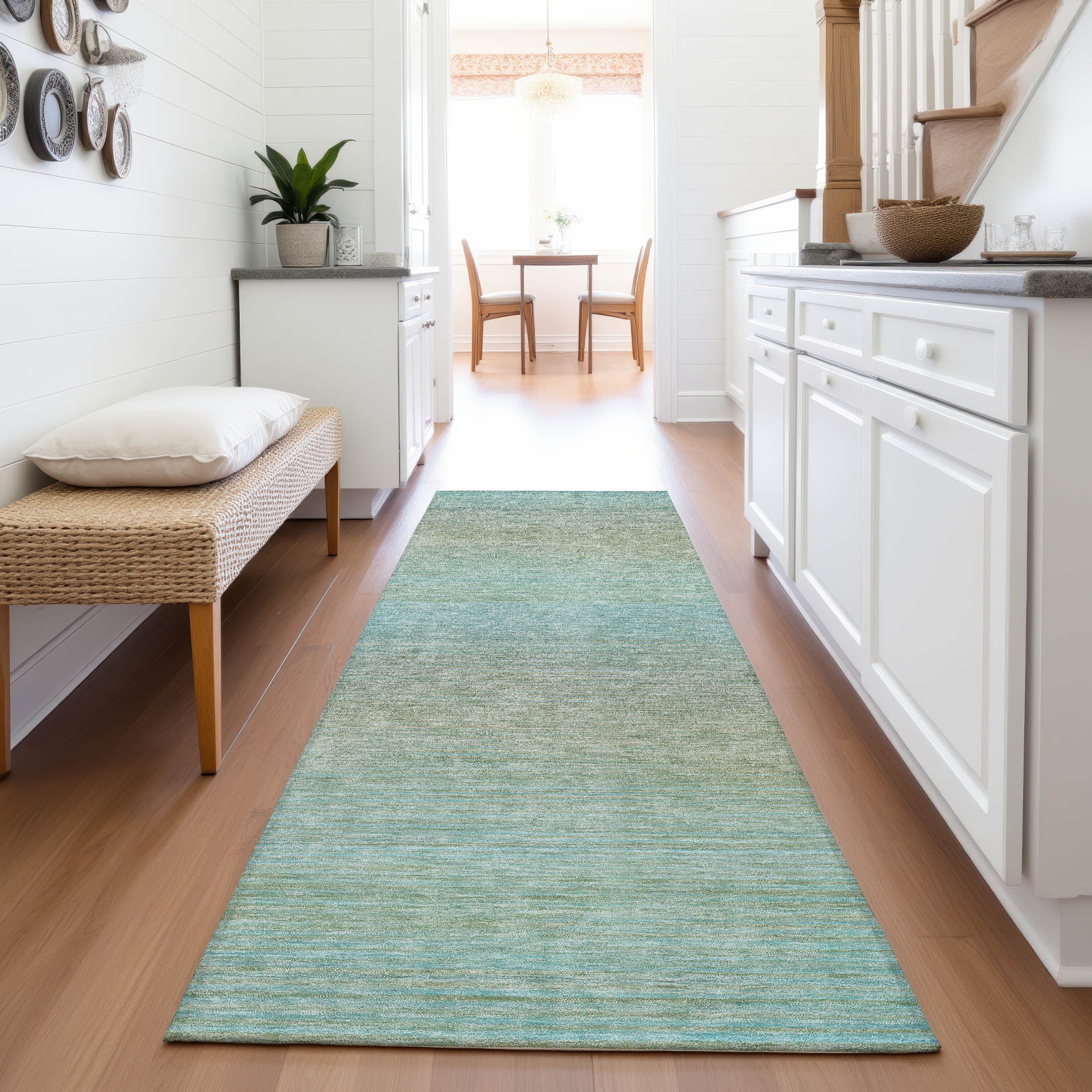 Montevideo Machine Washable Transitional Teal Rug 2'3" x 7'6" #shape_Runner