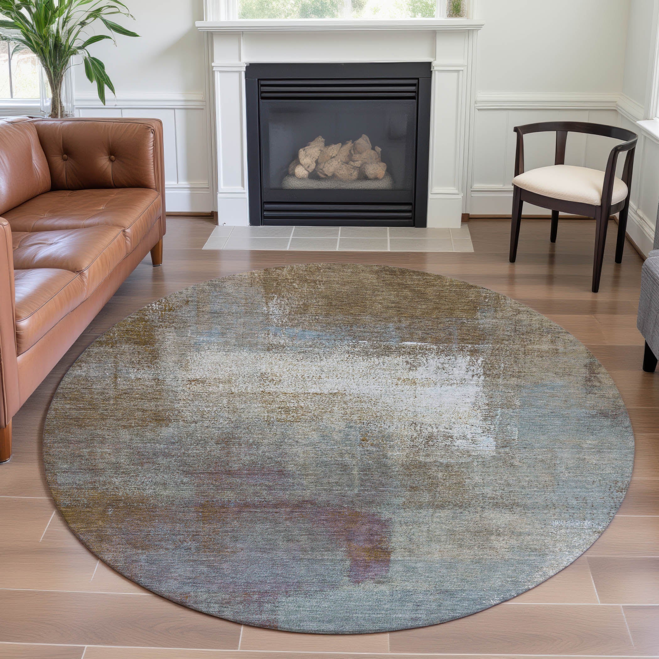 Mostar Machine Washable Transitional Mocha Brown Rug 8' x 8' #shape_Round