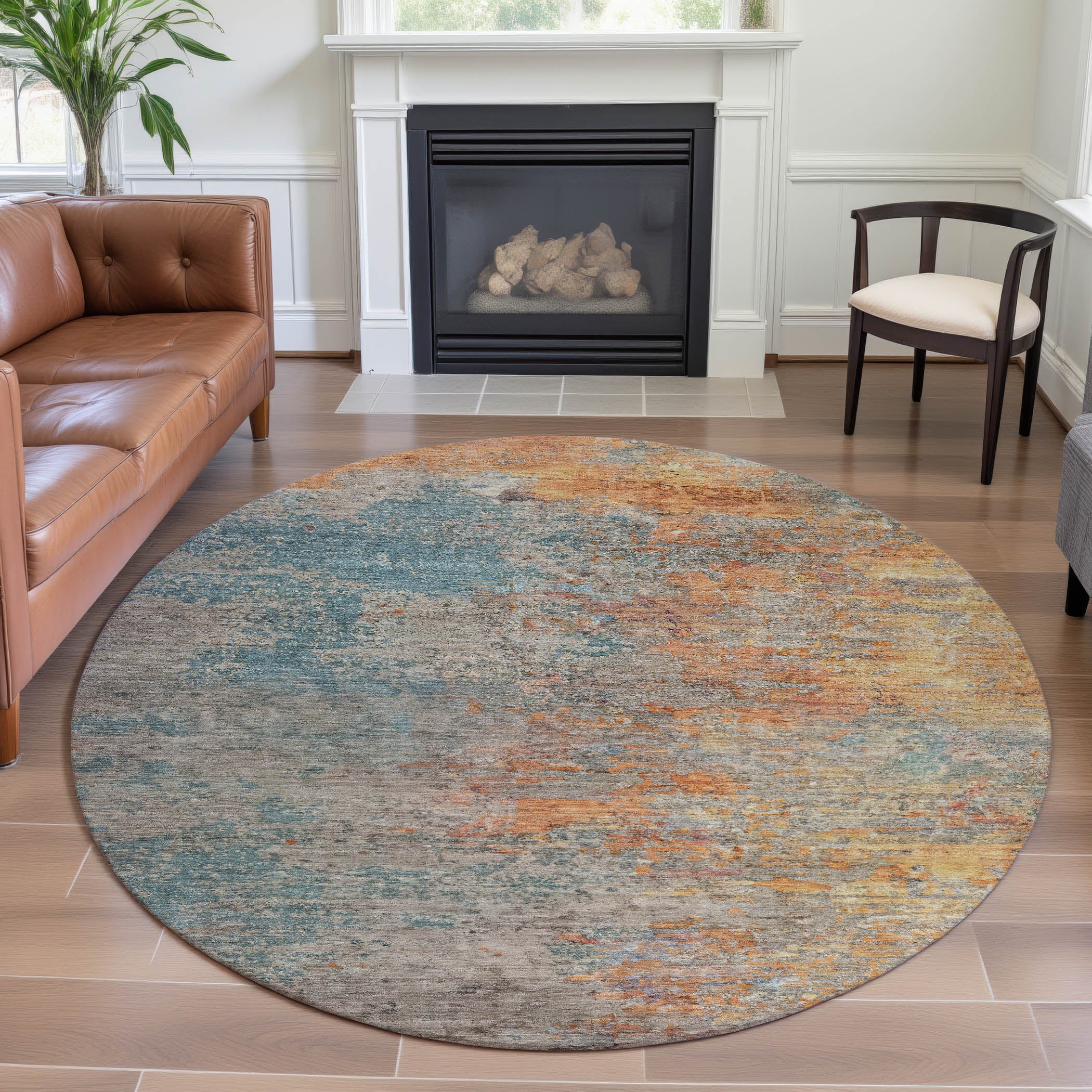 Montevideo Machine Washable Transitional Teal Rug 8' x 8' #shape_Round