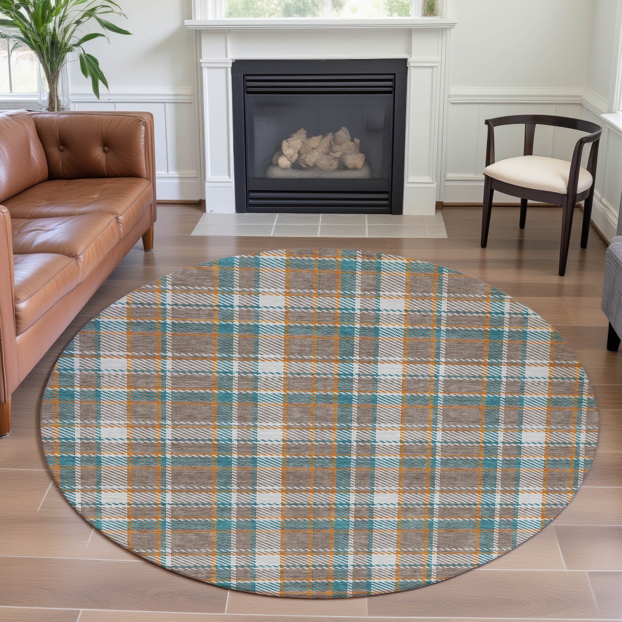 Queenstown Machine Washable Transitional Taupe Brown Rug 8' x 8' #shape_Round