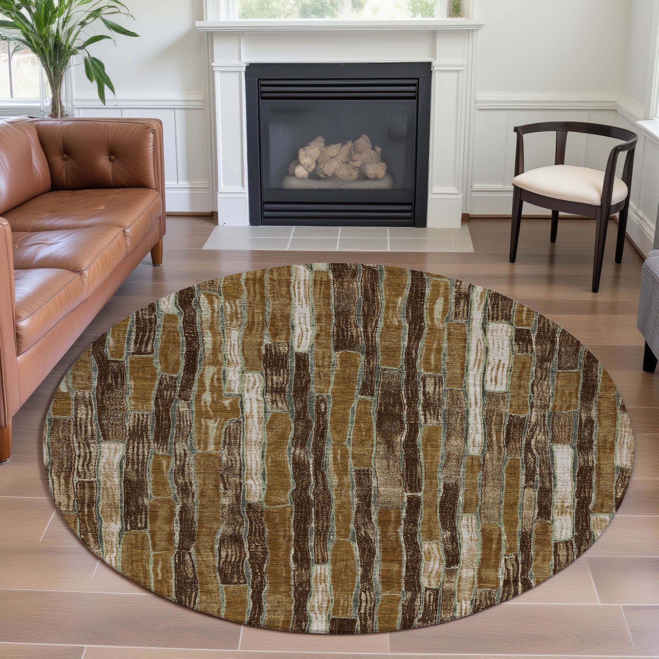 Cusco Machine Washable Transitional Mocha Brown Rug 8' x 8' #shape_Round