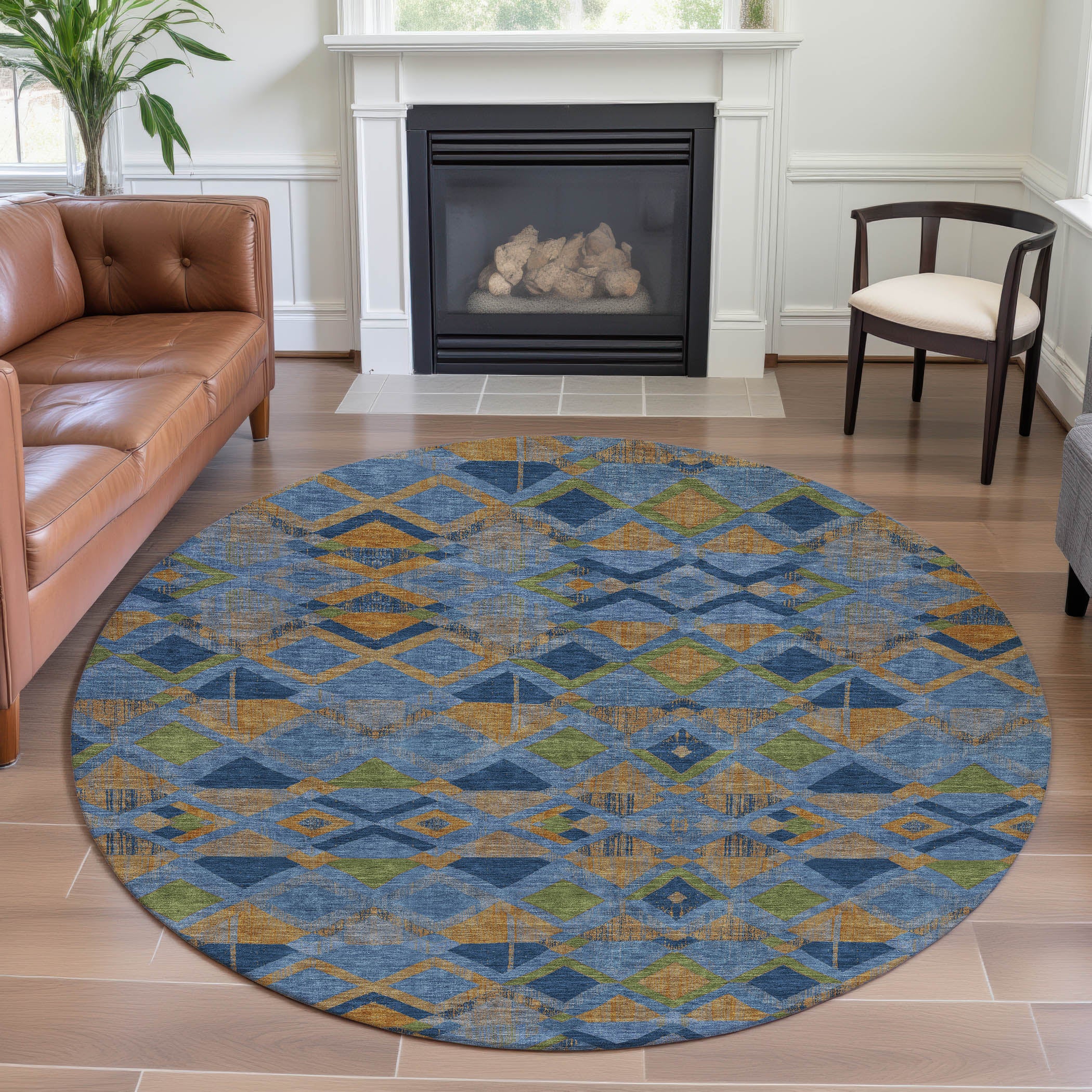Nairobi Machine Washable Transitional Denim Blue Rug 8' x 8' #shape_Round
