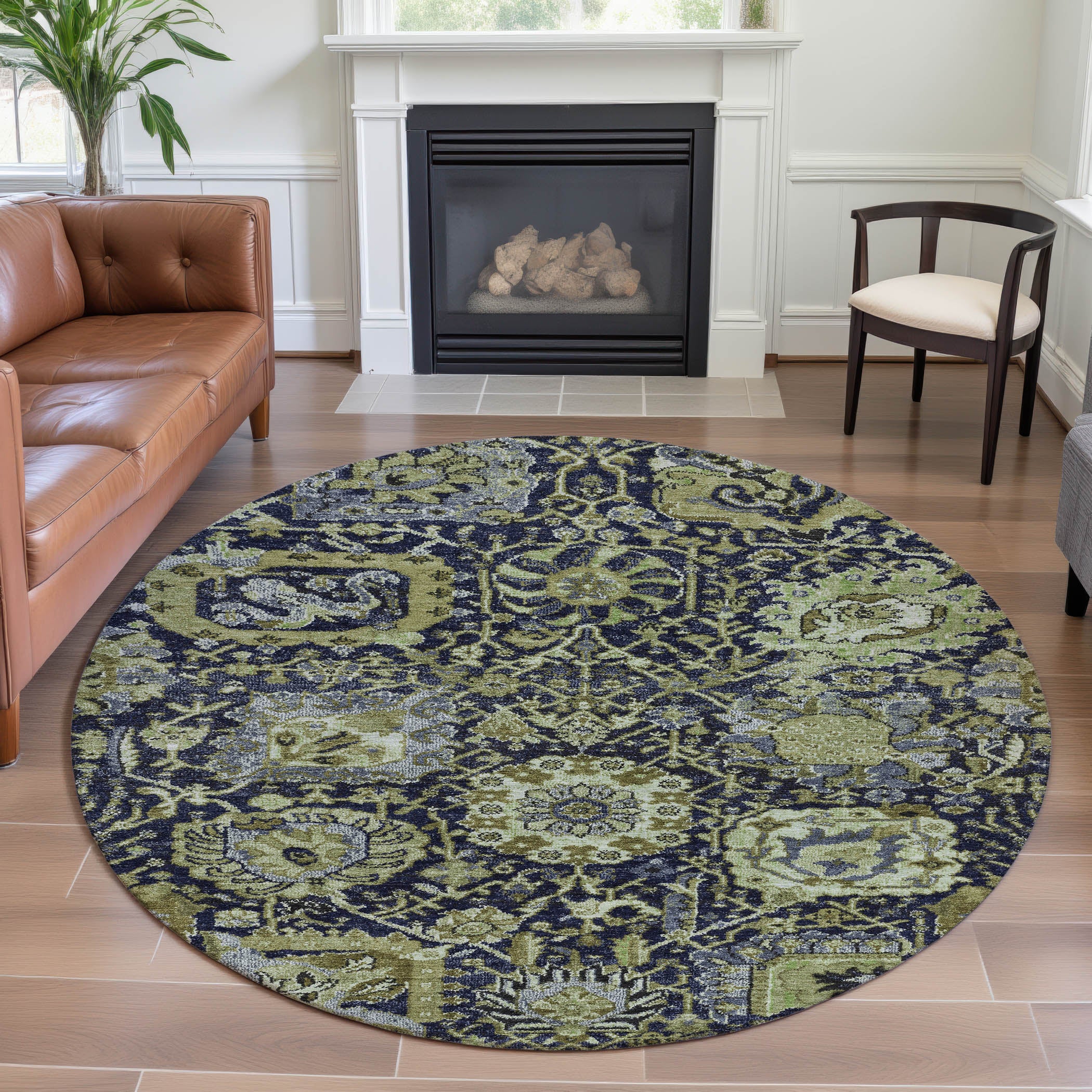 Reykjavik Machine Washable Transitional Fern Green Rug 8' x 8' #shape_Round