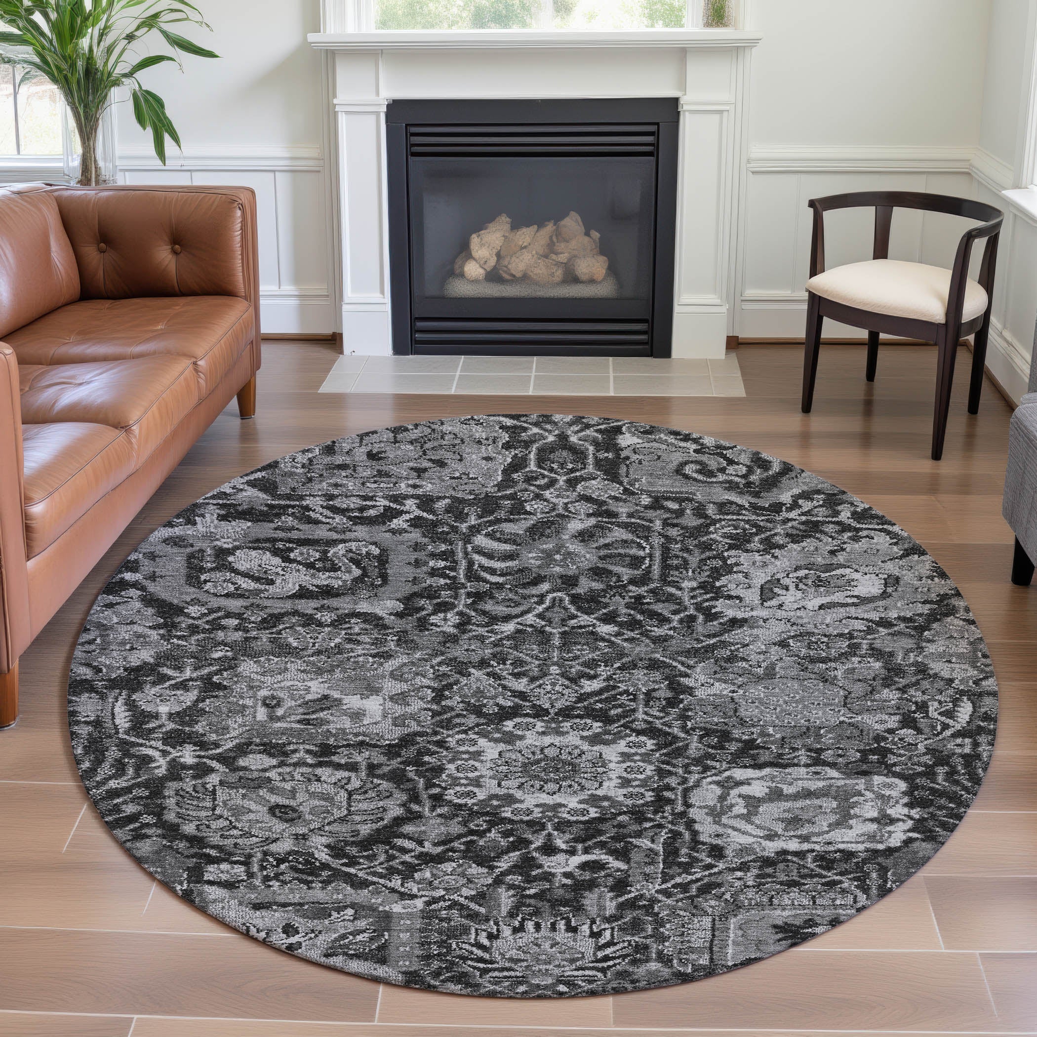 Reykjavik Machine Washable Transitional Gray Rug 8' x 8' #shape_Round
