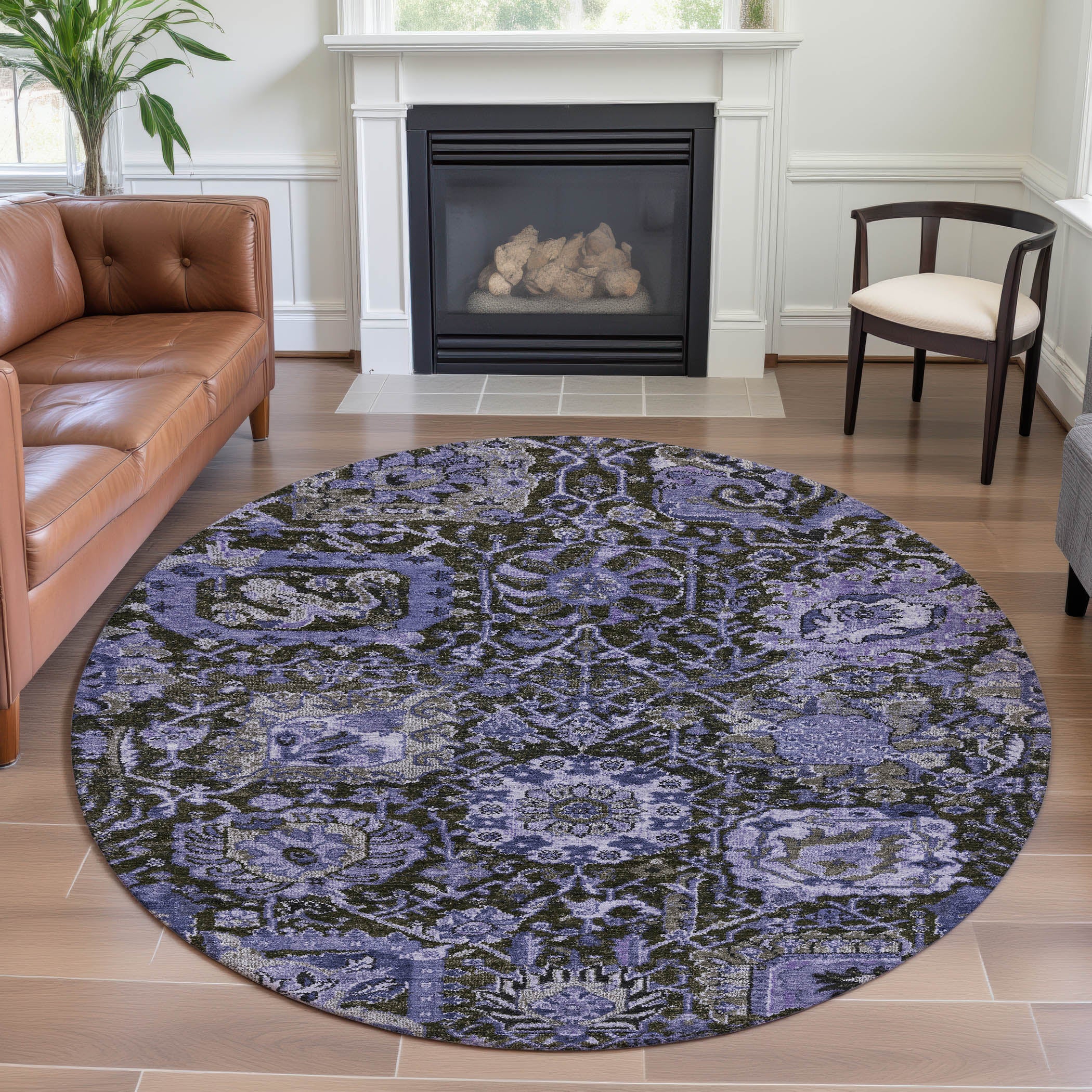 Reykjavik Machine Washable Transitional Purple Rug 8' x 8' #shape_Round