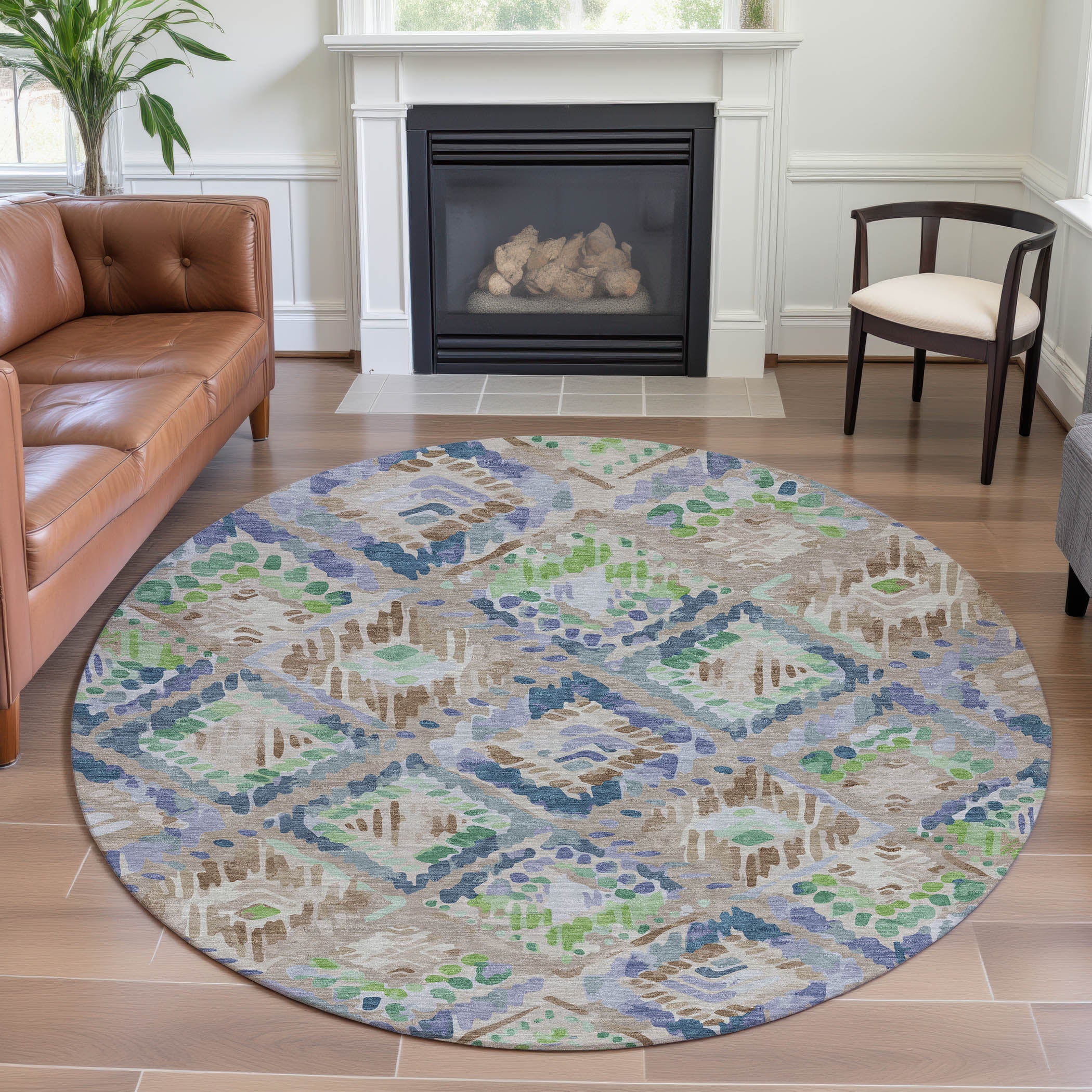 Florence Machine Washable Transitional Beige Brown Rug 8' x 8' #shape_Round