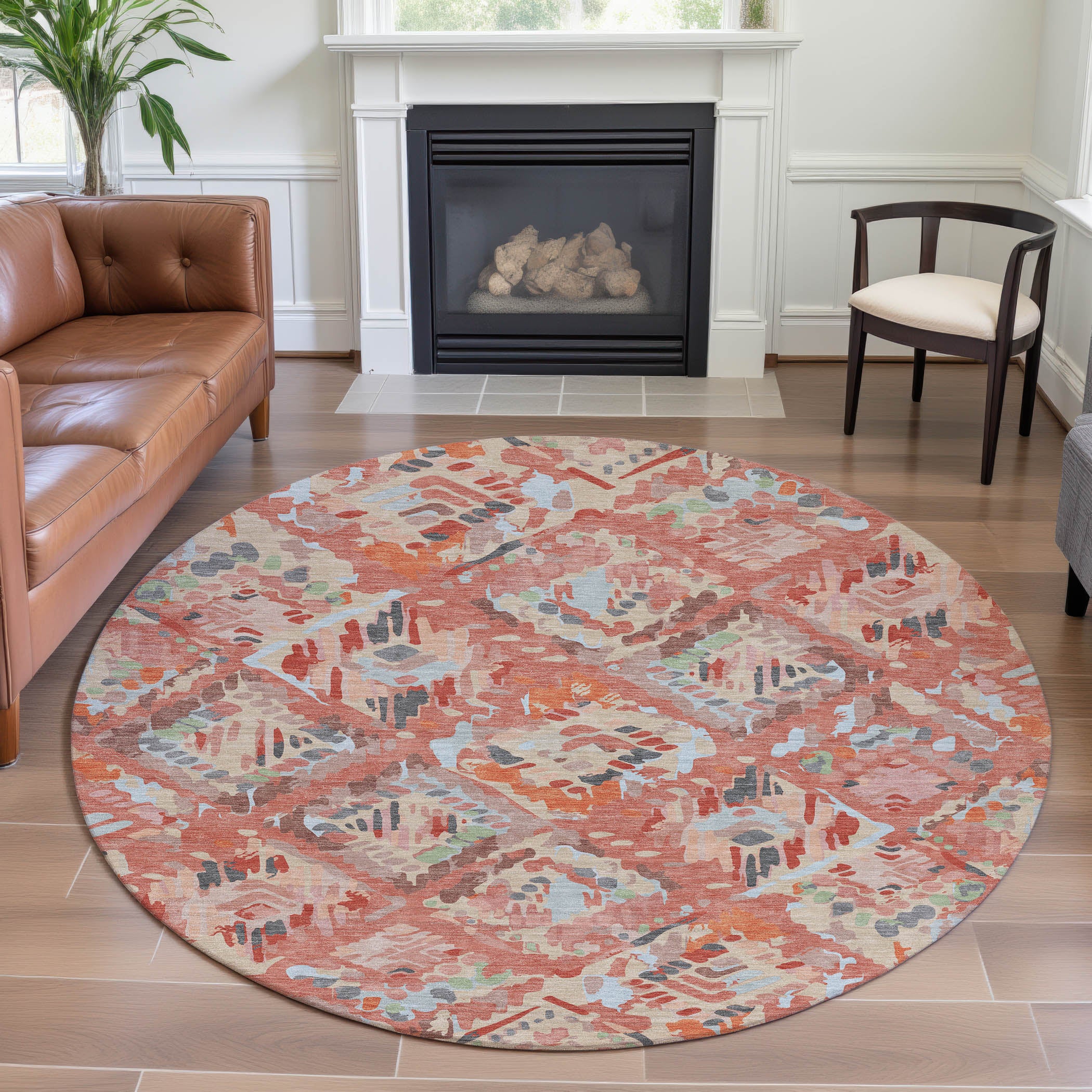 Florence Machine Washable Transitional Coral Orange Rug 8' x 8' #shape_Round