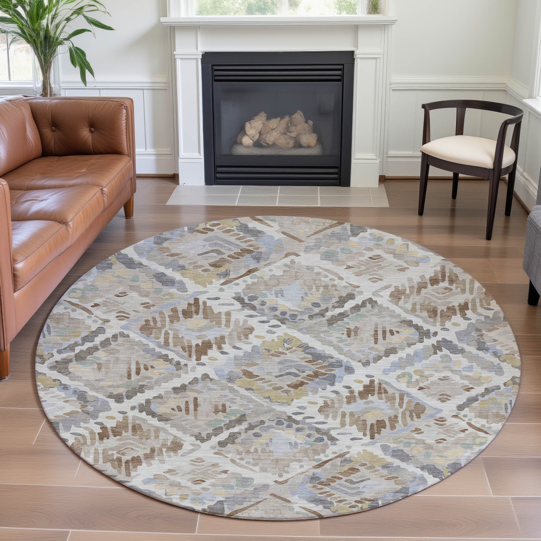 Florence Machine Washable Transitional Ivory Rug 8' x 8' #shape_Round