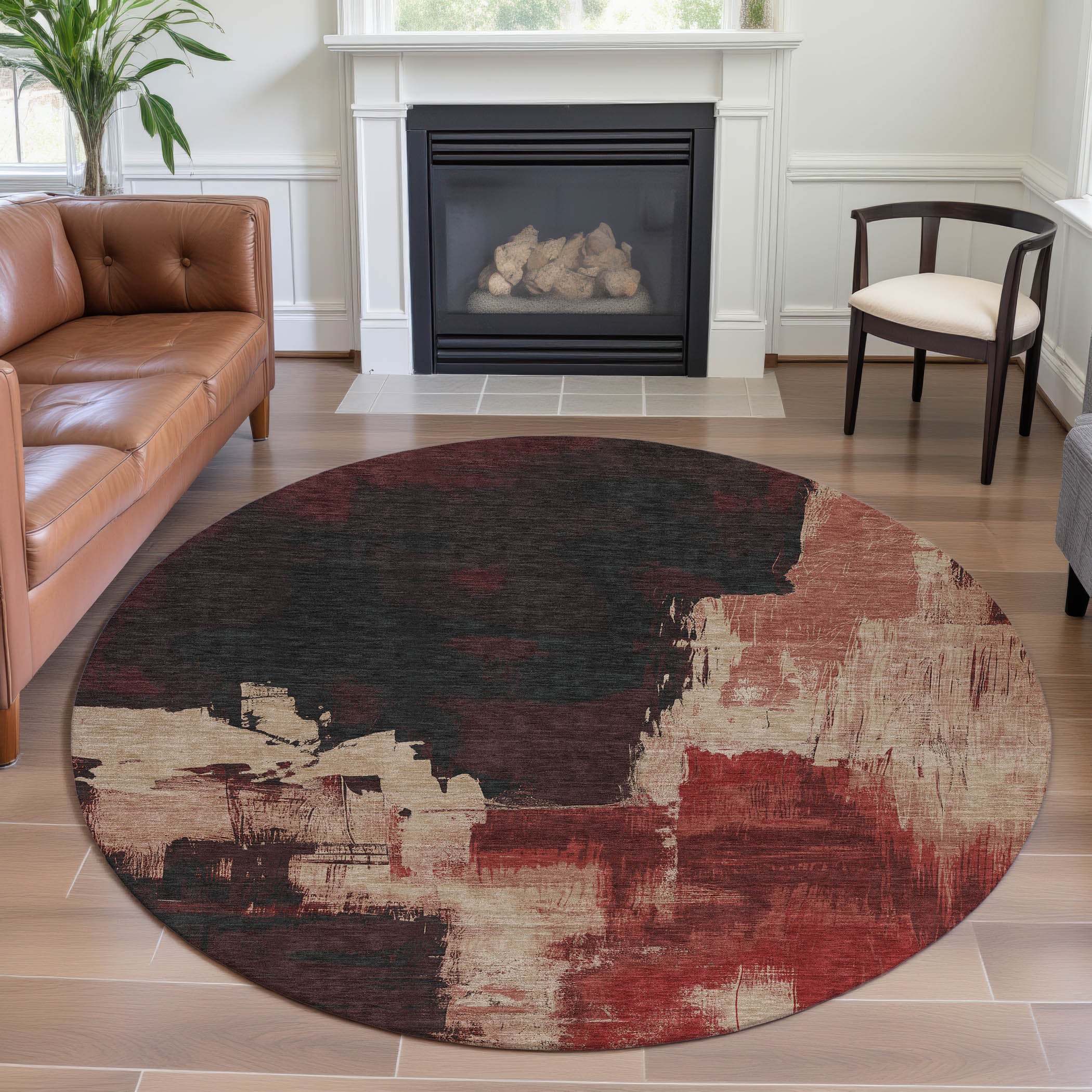 Lucerne Machine Washable Transitional Brick Red Rug 8' x 8' #shape_Round